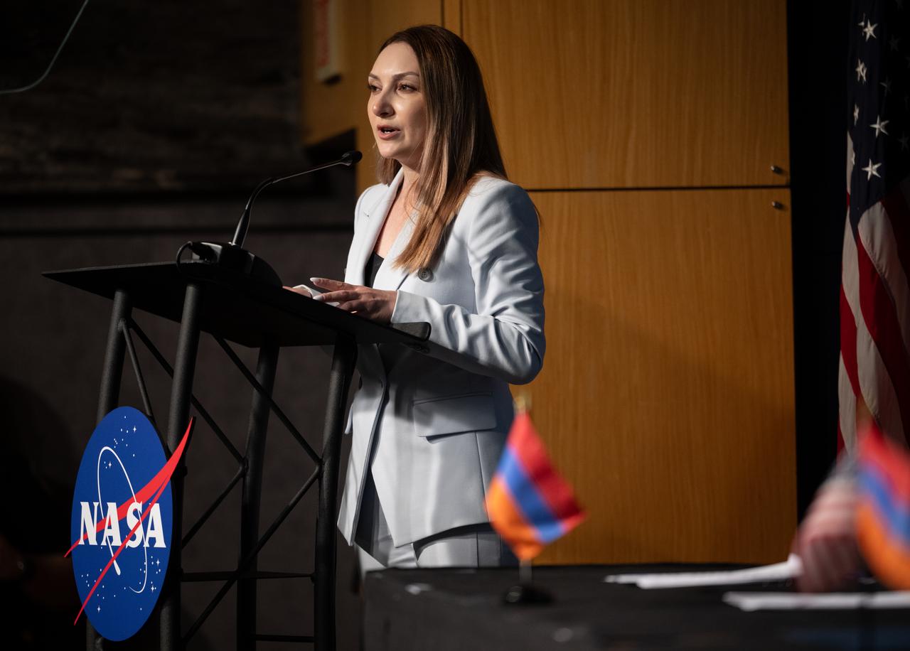 Ambassador of the Republic of Armenia to the United States Lilit Makunts delivers remarks during an Artemis Accords signing ceremony, Wednesday, June 12, 2024, at the Mary W. Jackson NASA Headquarters building in Washington. The Republic of Armenia is the 43rd country to sign the Artemis Accords, which establish a practical set of principles to guide space exploration cooperation among nations participating in NASA’s Artemis program.  Photo Credit: (NASA/Joel Kowsky)