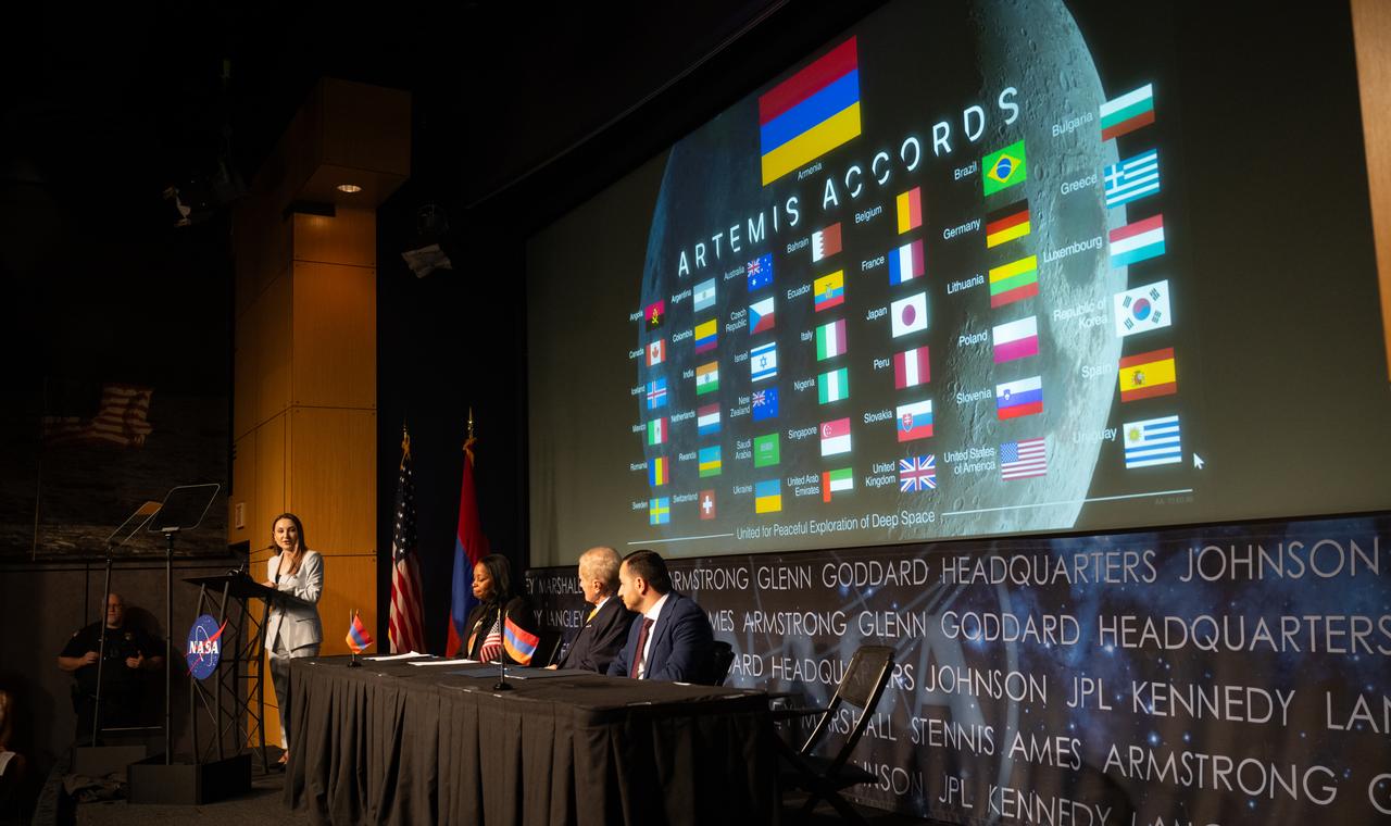 Ambassador of the Republic of Armenia to the United States Lilit Makunts, left, delivers remarks during an Artemis Accords signing ceremony as Acting Assistant Secretary of State for the Bureau of Oceans and International Environmental and Scientific Affairs Jennifer Littlejohn, second from left, NASA Administrator Bill Nelson, and Mkhitar Hayrapetyan, Minister of High-Tech Industry of the Republic of Armenia look on, Wednesday, June 12, 2024, at the Mary W. Jackson NASA Headquarters building in Washington. The Republic of Armenia is the 43rd country to sign the Artemis Accords, which establish a practical set of principles to guide space exploration cooperation among nations participating in NASA’s Artemis program.  Photo Credit: (NASA/Joel Kowsky)