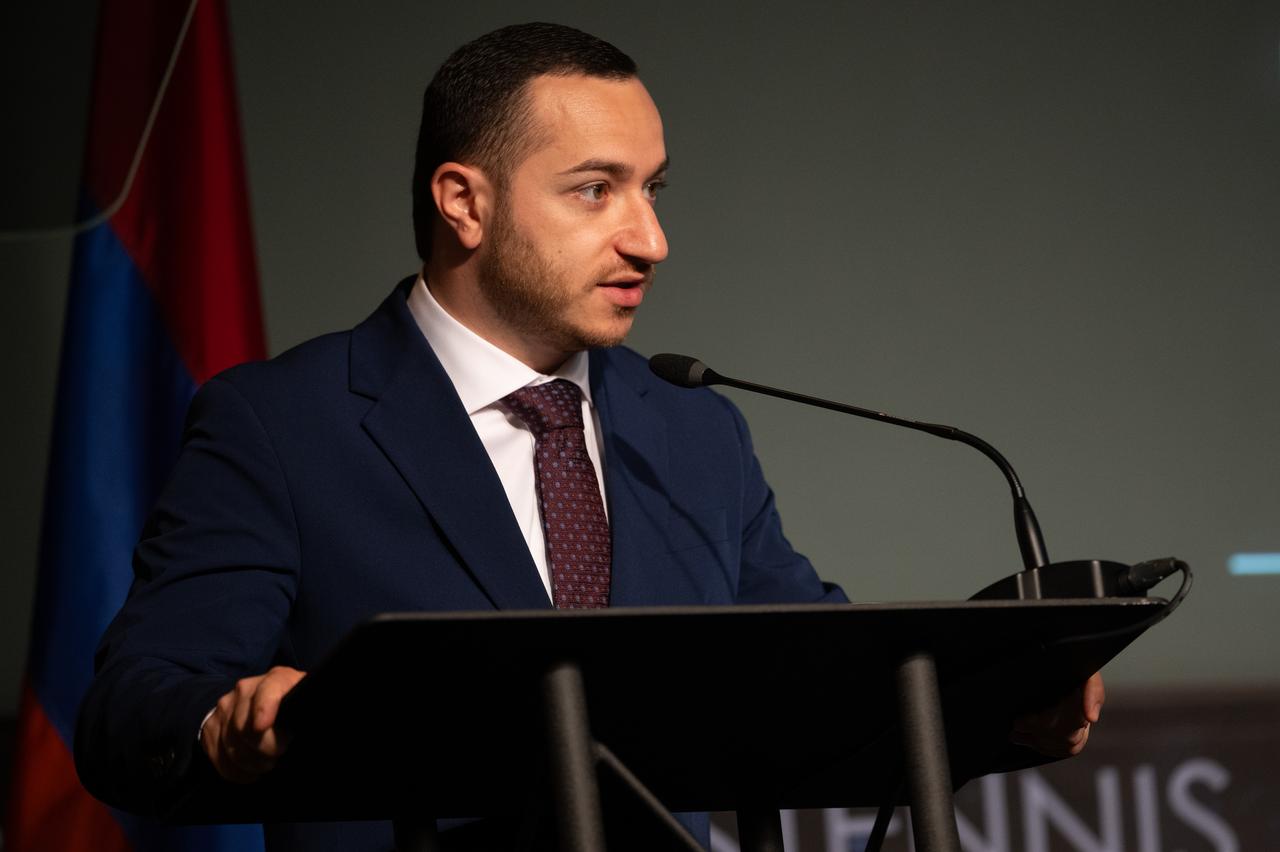 Mkhitar Hayrapetyan, Minister of High-Tech Industry of the Republic of Armenia delivers remarks during an Artemis Accords signing ceremony, Wednesday, June 12, 2024, at the Mary W. Jackson NASA Headquarters building in Washington. The Republic of Armenia is the 43rd country to sign the Artemis Accords, which establish a practical set of principles to guide space exploration cooperation among nations participating in NASA’s Artemis program. Photo Credit: (NASA/Joel Kowsky)