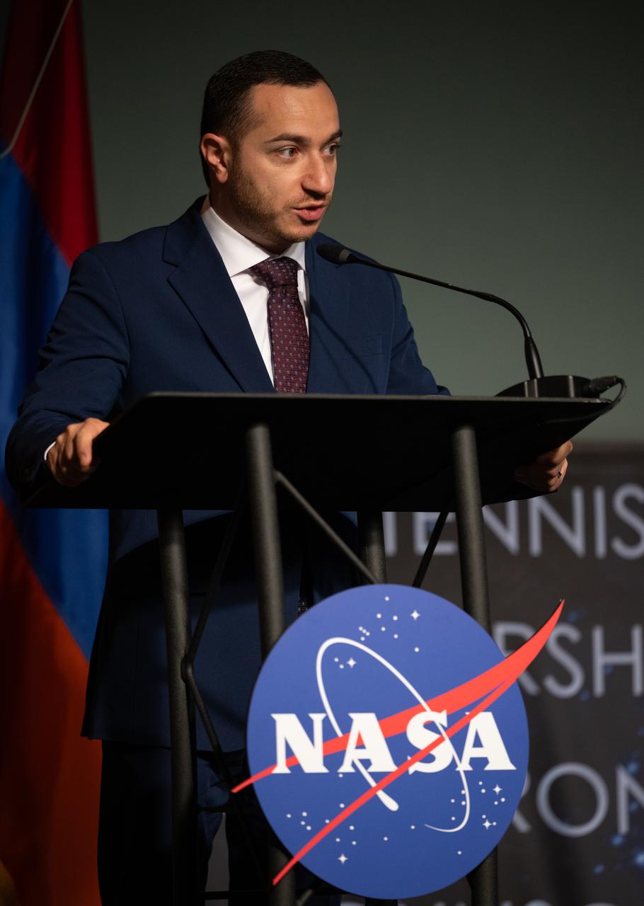 Mkhitar Hayrapetyan, Minister of High-Tech Industry of the Republic of Armenia delivers remarks during an Artemis Accords signing ceremony, Wednesday, June 12, 2024, at the Mary W. Jackson NASA Headquarters building in Washington. The Republic of Armenia is the 43rd country to sign the Artemis Accords, which establish a practical set of principles to guide space exploration cooperation among nations participating in NASA’s Artemis program.  Photo Credit: (NASA/Joel Kowsky)