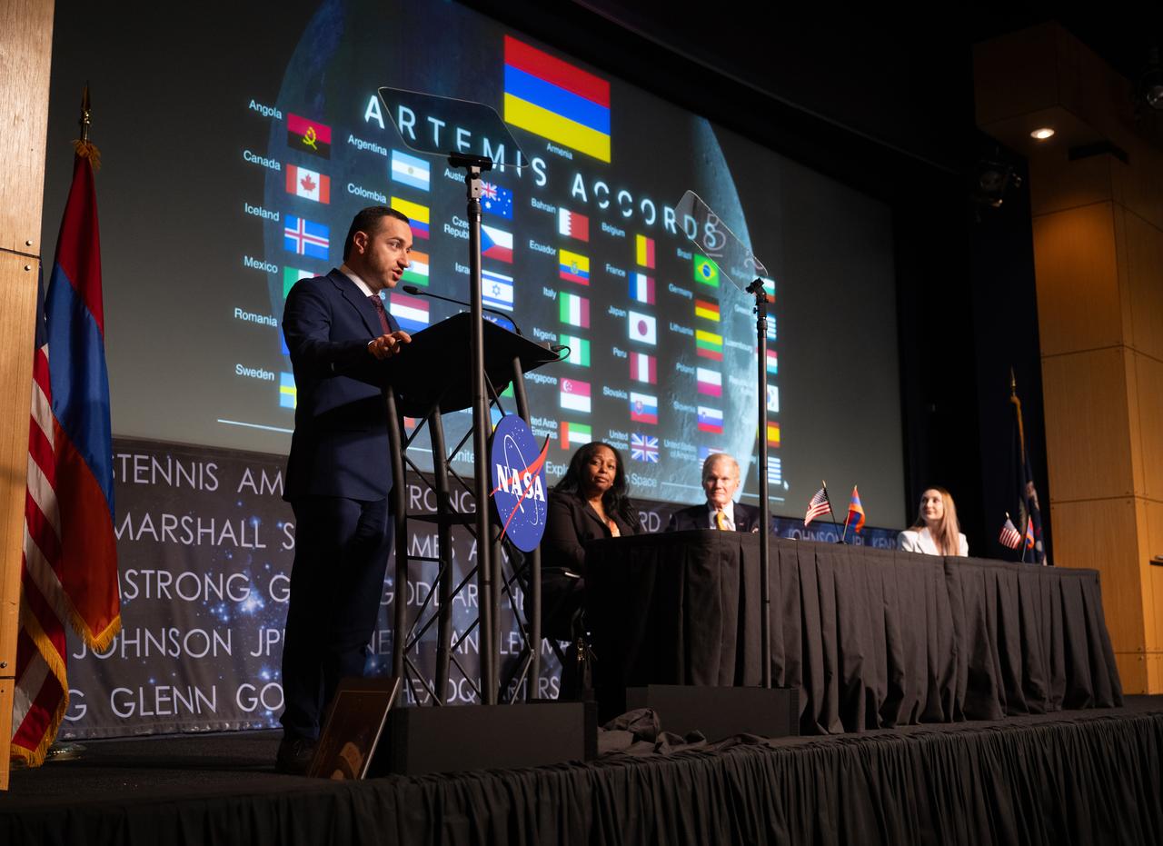 Mkhitar Hayrapetyan, Minister of High-Tech Industry of the Republic of Armenia, left, delivers remarks during an Artemis Accords signing ceremony as Acting Assistant Secretary of State for the Bureau of Oceans and International Environmental and Scientific Affairs Jennifer Littlejohn, second from left, NASA Administrator Bill Nelson, and Ambassador of the Republic of Armenia to the United States Lilit Makunts, look on, Wednesday, June 12, 2024, at the Mary W. Jackson NASA Headquarters building in Washington. The Republic of Armenia is the 43rd country to sign the Artemis Accords, which establish a practical set of principles to guide space exploration cooperation among nations participating in NASA’s Artemis program.  Photo Credit: (NASA/Joel Kowsky)