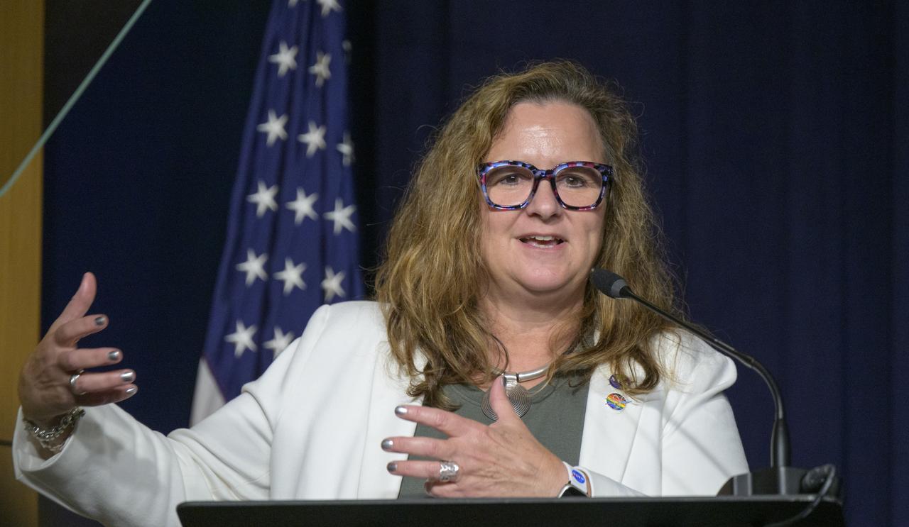 NASA Earth Science Director Karen St. Germain delivers remarks during an event launching a new Disaster Response Coordination System that will provide communities and organizations around the world with access to science and data to aid disaster response, Thursday, June 13, 2024, at the NASA Headquarters Mary W. Jackson Building in Washington. Photo Credit: (NASA/Bill Ingalls)