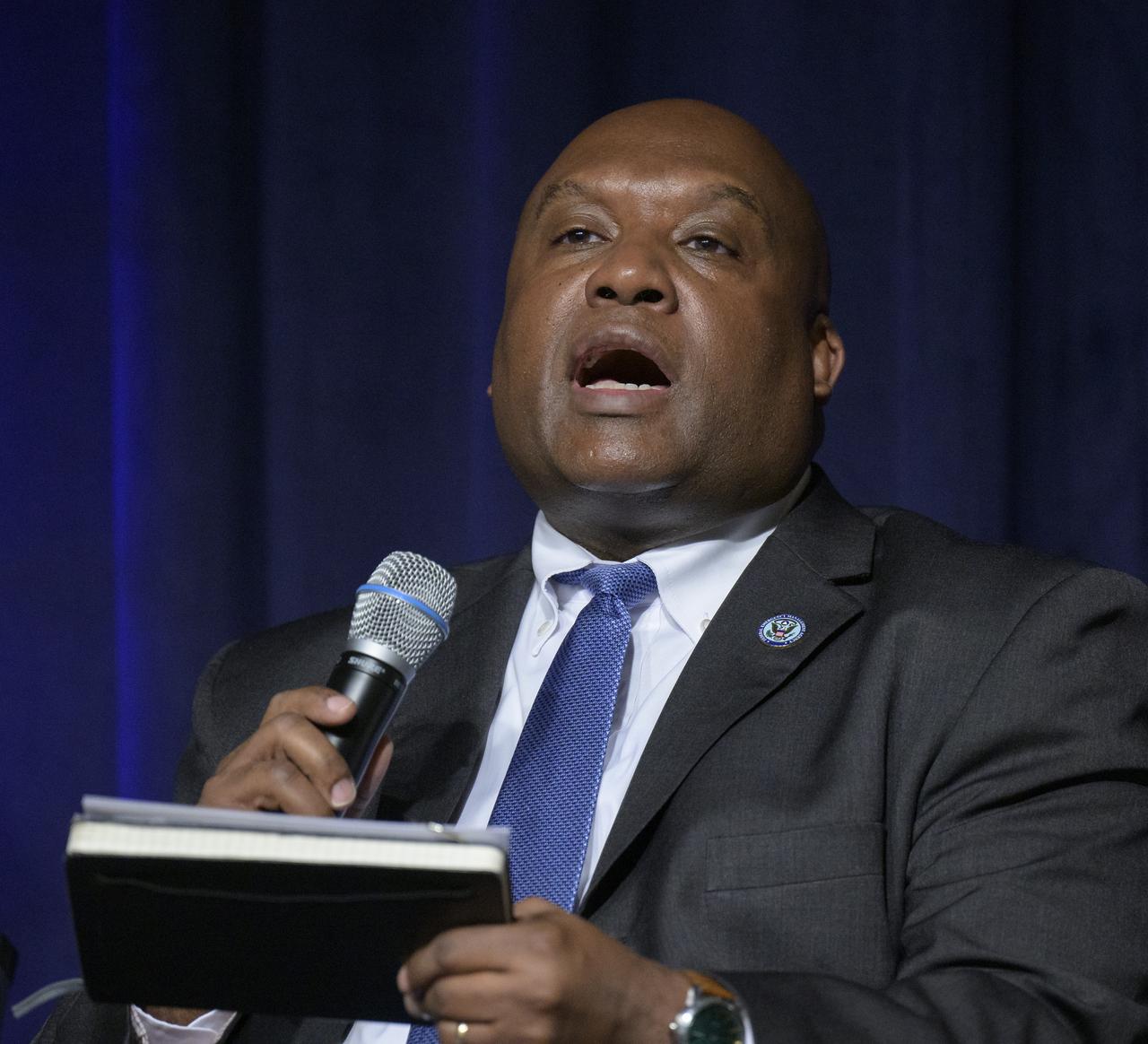 Federal Emergency Management Agency Deputy Administrator Erik Hooks delivers remarks during an event launching a new Disaster Response Coordination System that will provide communities and organizations around the world with access to science and data to aid disaster response, Thursday, June 13, 2024, at the NASA Headquarters Mary W. Jackson Building in Washington. Photo Credit: (NASA/Bill Ingalls)