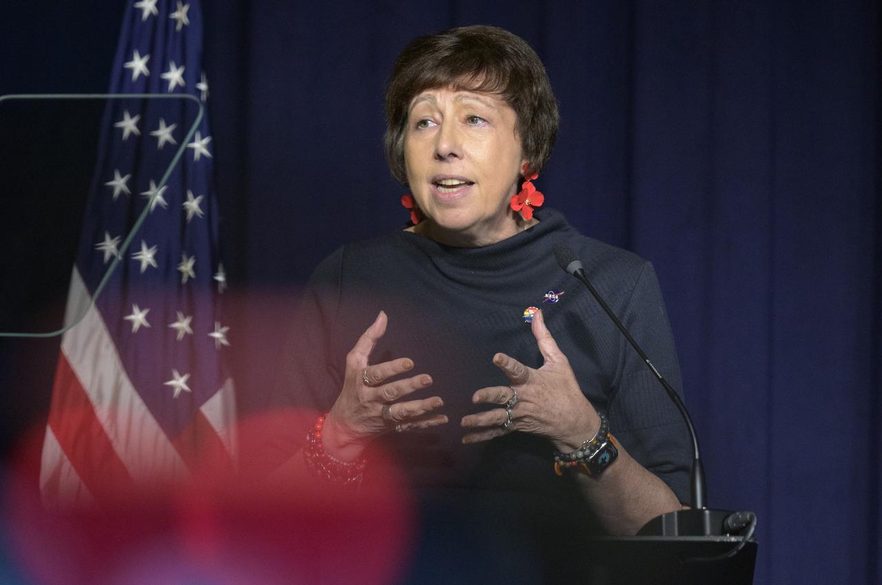 NASA Associate Administrator, Science Mission Directorate, Dr. Nicky Fox delivers remarks during an event launching a new Disaster Response Coordination System that will provide communities and organizations around the world with access to science and data to aid disaster response, Thursday, June 13, 2024, at the NASA Headquarters Mary W. Jackson Building in Washington. Photo Credit: (NASA/Bill Ingalls)