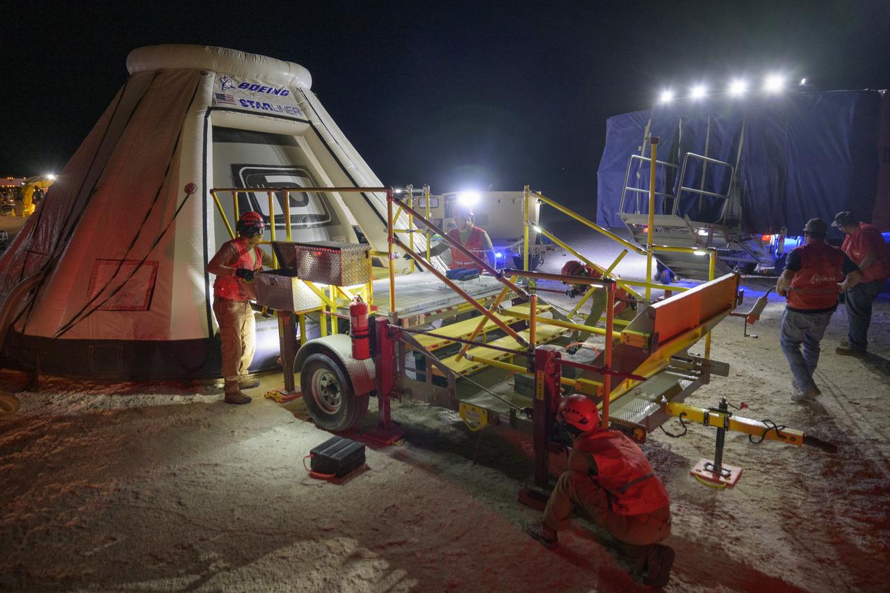 Boeing and NASA teams participate in a mission dress rehearsal to prepare for the landing of the Boeing CST-100 Starliner spacecraft in White Sands, New Mexico, Sunday, June 16, 2024. NASA astronauts Butch Wilmore and Suni Williams are Starliner’s first human crew and travelled to the International Space Station as part of NASA's Boeing Crew Flight Test. The mission serves as an end-to-end demonstration of Boeing’s crew transportation system as a provider for NASA’s Commercial Crew Program. Photo Credit: (NASA/Bill Ingalls)
