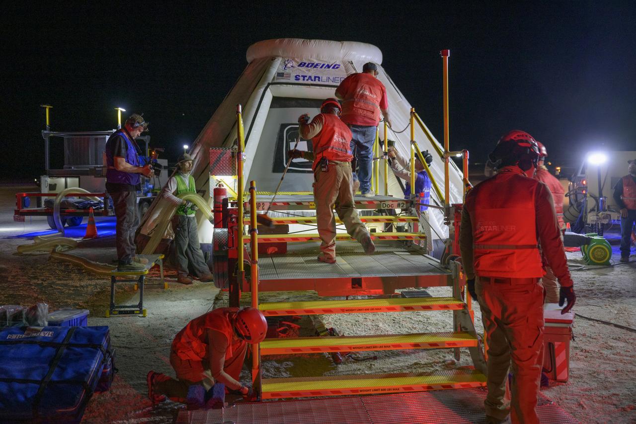 Boeing and NASA teams participate in a mission dress rehearsal to prepare for the landing of the Boeing CST-100 Starliner spacecraft in White Sands, New Mexico, Sunday, June 16, 2024. NASA astronauts Butch Wilmore and Suni Williams are Starliner’s first human crew and travelled to the International Space Station as part of NASA's Boeing Crew Flight Test. The mission serves as an end-to-end demonstration of Boeing’s crew transportation system as a provider for NASA’s Commercial Crew Program. Photo Credit: (NASA/Bill Ingalls)