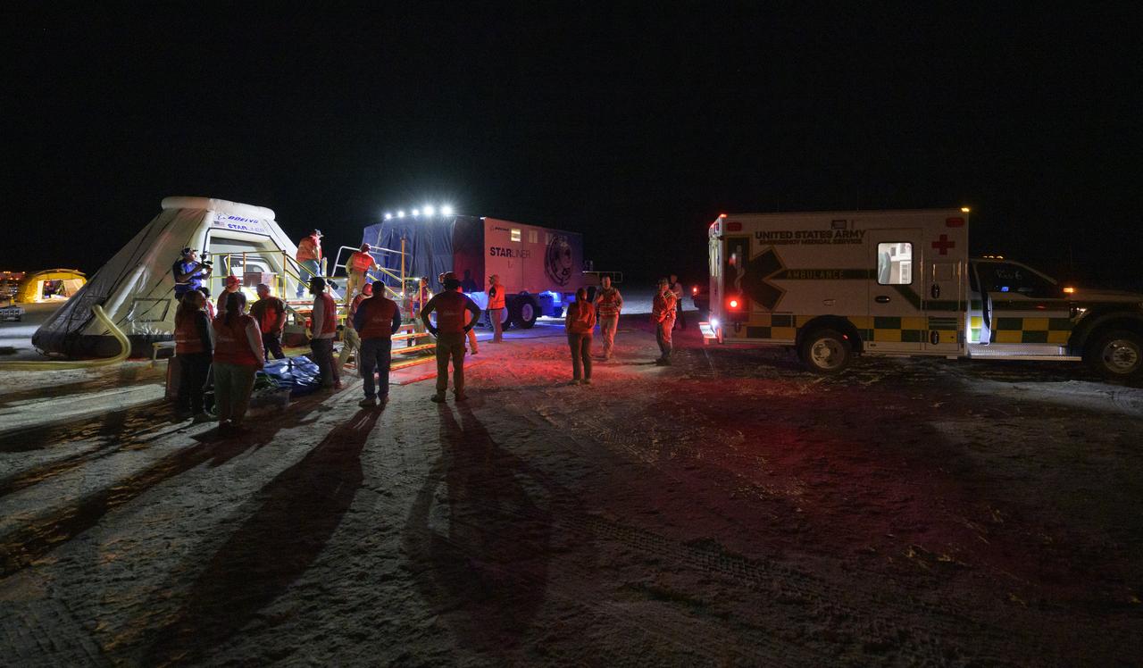 Boeing and NASA teams participate in a mission dress rehearsal to prepare for the landing of the Boeing CST-100 Starliner spacecraft in White Sands, New Mexico, Sunday, June 16, 2024. NASA astronauts Butch Wilmore and Suni Williams are Starliner’s first human crew and travelled to the International Space Station as part of NASA's Boeing Crew Flight Test. The mission serves as an end-to-end demonstration of Boeing’s crew transportation system as a provider for NASA’s Commercial Crew Program. Photo Credit: (NASA/Bill Ingalls)