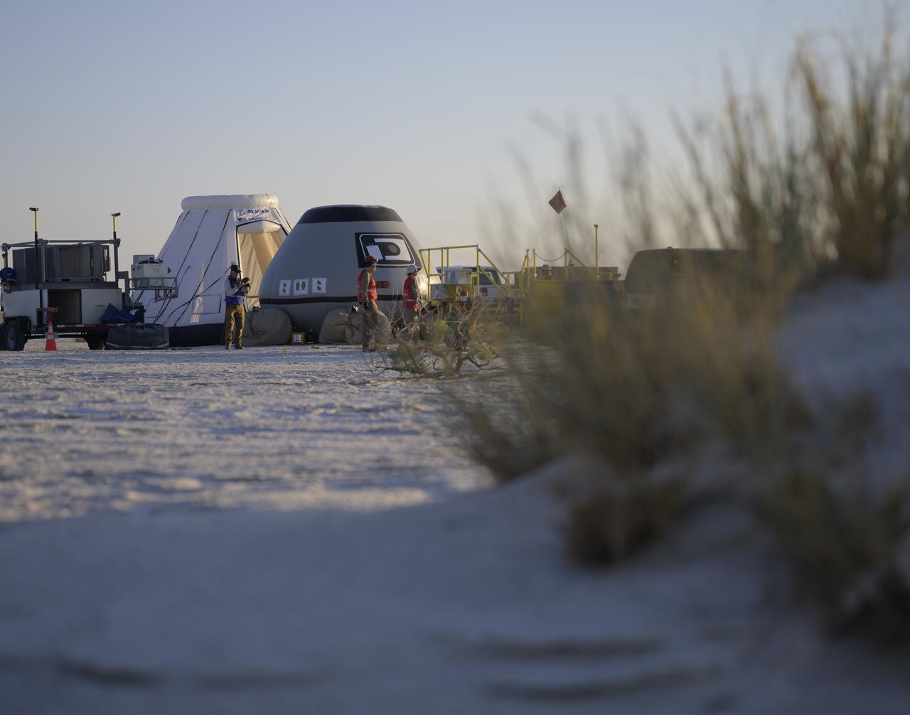 Boeing and NASA teams participate in a mission dress rehearsal to prepare for the landing of the Boeing CST-100 Starliner spacecraft in White Sands, New Mexico, Sunday, June 16, 2024. NASA astronauts Butch Wilmore and Suni Williams are Starliner’s first human crew and travelled to the International Space Station as part of NASA's Boeing Crew Flight Test. The mission serves as an end-to-end demonstration of Boeing’s crew transportation system as a provider for NASA’s Commercial Crew Program. Photo Credit: (NASA/Bill Ingalls)