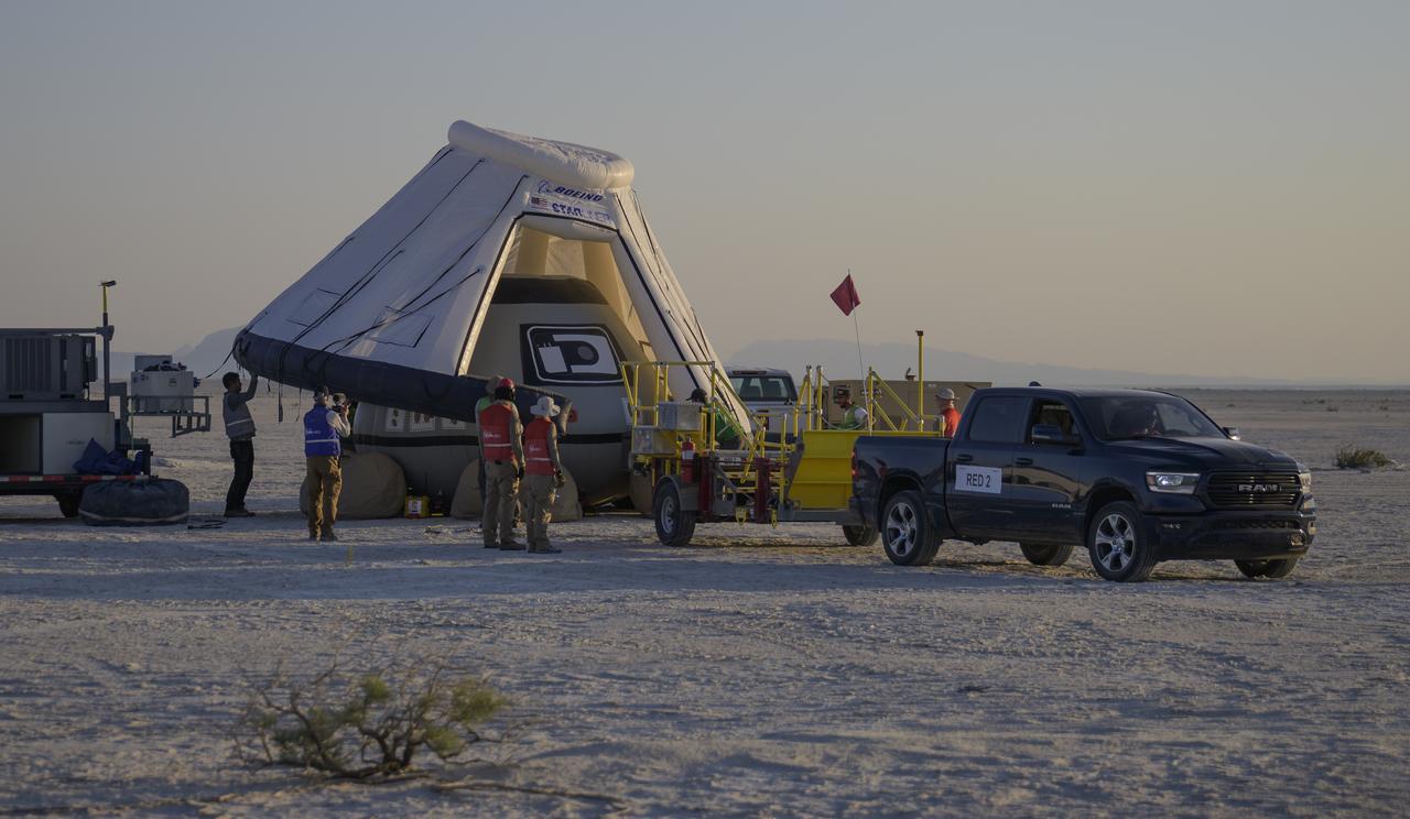 Boeing and NASA teams participate in a mission dress rehearsal to prepare for the landing of the Boeing CST-100 Starliner spacecraft in White Sands, New Mexico, Sunday, June 16, 2024. NASA astronauts Butch Wilmore and Suni Williams are Starliner’s first human crew and travelled to the International Space Station as part of NASA's Boeing Crew Flight Test. The mission serves as an end-to-end demonstration of Boeing’s crew transportation system as a provider for NASA’s Commercial Crew Program. Photo Credit: (NASA/Bill Ingalls)