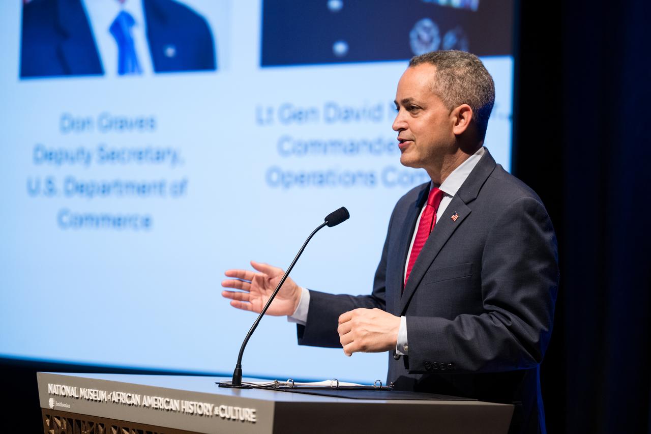 Don Graves, deputy secretary, U.S. Department of Commerce, speaks at an event to commemorate Black Space Week (BSW) 2024 titled, "Beyond the Color Lines From Science Fiction to Science Fact," in the Oprah Winfrey Theater at the Smithsonian National Museum of African American History and Culture, Monday, June 17, 2024 in Washington. Photo Credit: (NASA/Aubrey Gemignani)