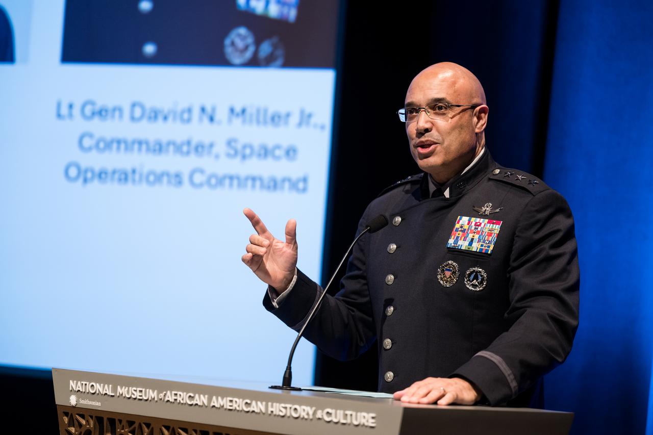 Lt. General David Miller Jr., commander, Space Operations Command, speaks at an event to commemorate Black Space Week (BSW) 2024 titled, "Beyond the Color Lines From Science Fiction to Science Fact," in the Oprah Winfrey Theater at the Smithsonian National Museum of African American History and Culture, Monday, June 17, 2024 in Washington. Photo Credit: (NASA/Aubrey Gemignani)
