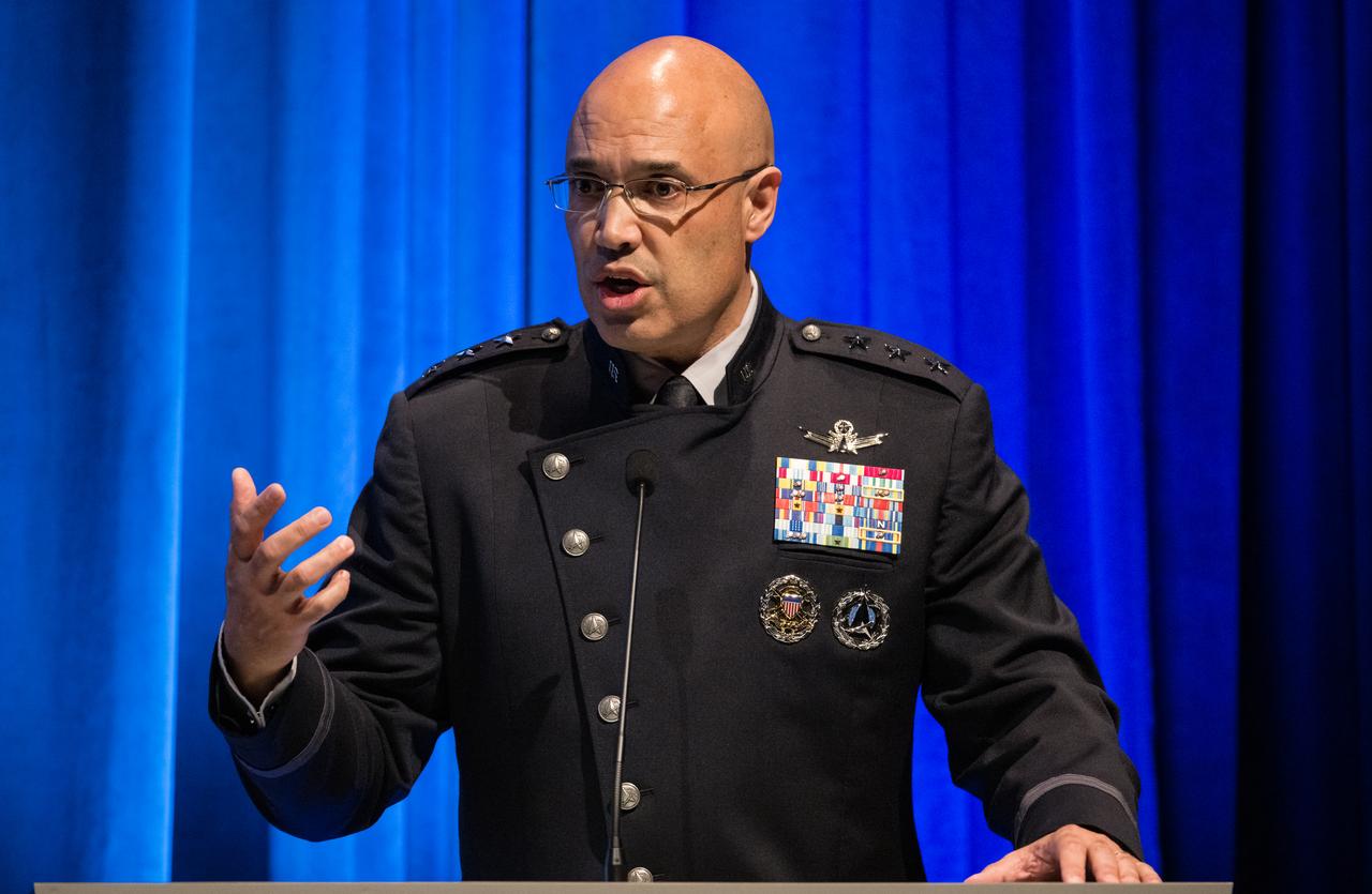 Lt. General David Miller Jr., commander, Space Operations Command, speaks at an event to commemorate Black Space Week (BSW) 2024 titled, "Beyond the Color Lines From Science Fiction to Science Fact," in the Oprah Winfrey Theater at the Smithsonian National Museum of African American History and Culture, Monday, June 17, 2024 in Washington. Photo Credit: (NASA/Aubrey Gemignani)