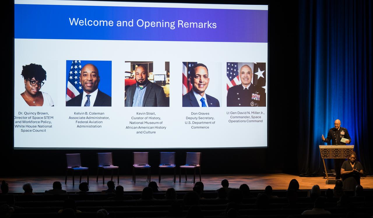 Lt. General David Miller Jr., commander, Space Operations Command, speaks at an event to commemorate Black Space Week (BSW) 2024 titled, "Beyond the Color Lines From Science Fiction to Science Fact," in the Oprah Winfrey Theater at the Smithsonian National Museum of African American History and Culture, Monday, June 17, 2024 in Washington. Photo Credit: (NASA/Aubrey Gemignani)