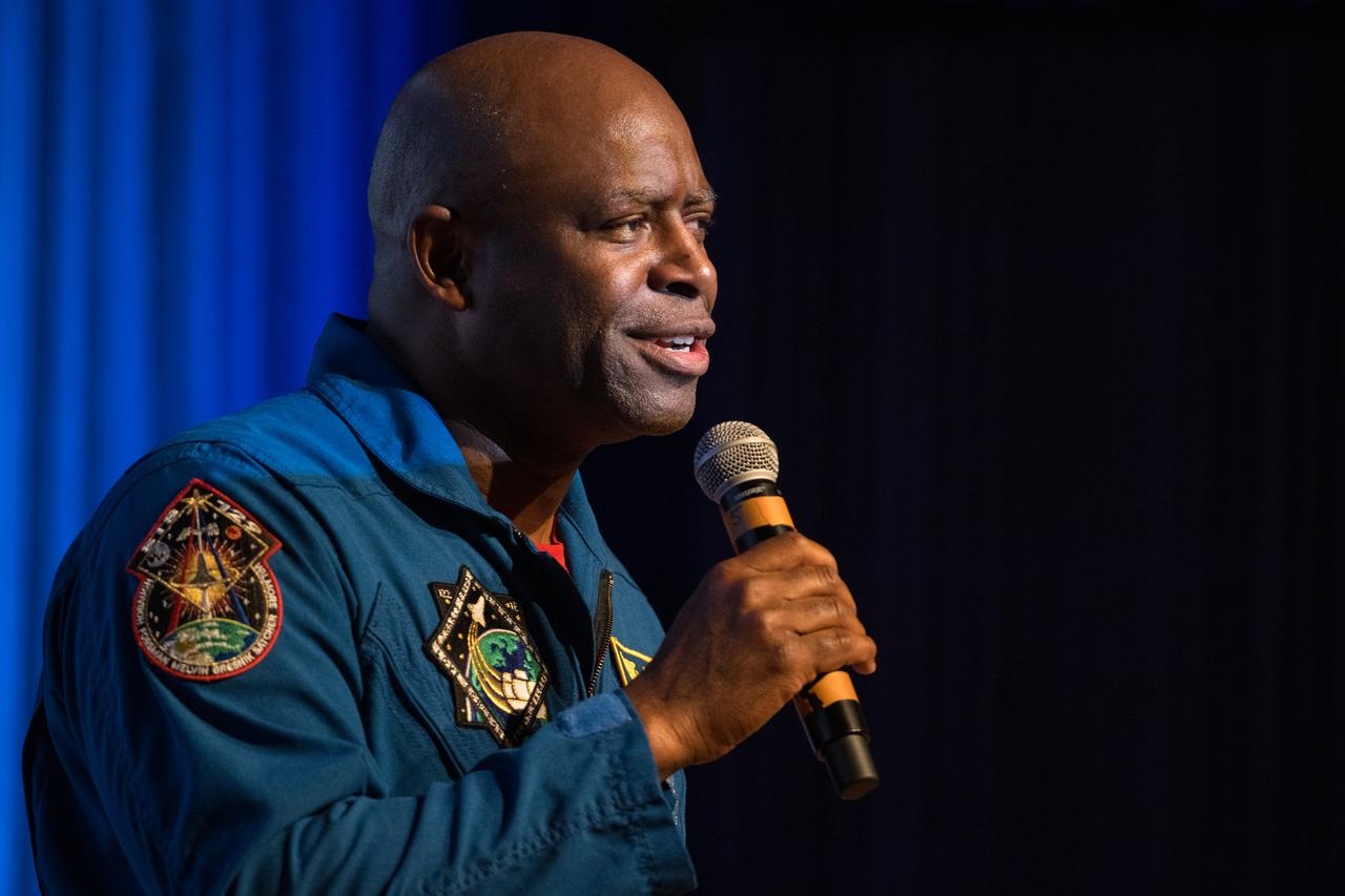Leland Melvin, retired NASA astronaut, speaks at an event to commemorate Black Space Week (BSW) 2024 titled, "Beyond the Color Lines From Science Fiction to Science Fact," in the Oprah Winfrey Theater at the Smithsonian National Museum of African American History and Culture, Monday, June 17, 2024 in Washington. Photo Credit: (NASA/Aubrey Gemignani)