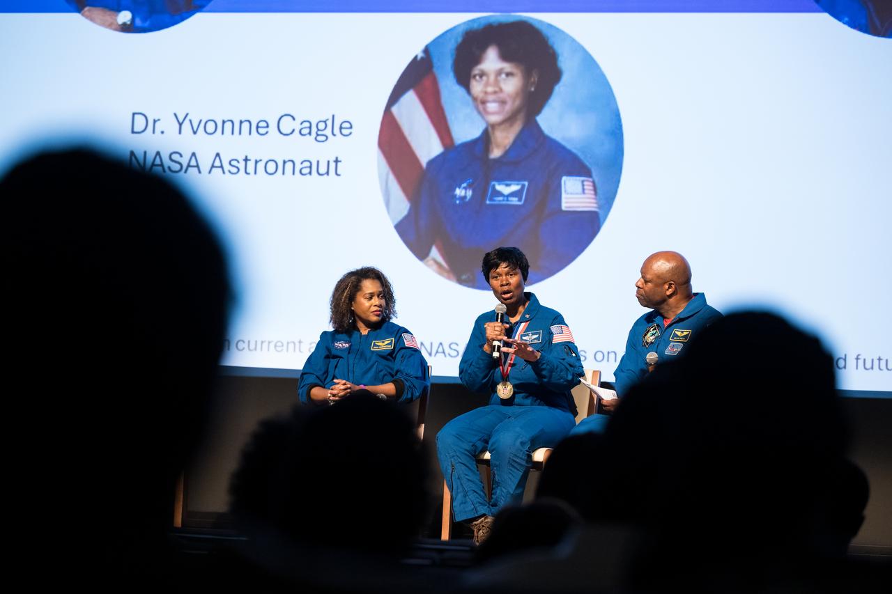 Dr. Yvonne Cagle, NASA astronaut, speaks at an event to commemorate Black Space Week (BSW) 2024 titled, "Beyond the Color Lines From Science Fiction to Science Fact," in the Oprah Winfrey Theater at the Smithsonian National Museum of African American History and Culture, Monday, June 17, 2024 in Washington. Photo Credit: (NASA/Aubrey Gemignani)
