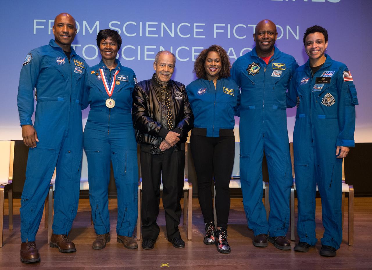 From left to right, NASA astronauts Victor Glover, Dr. Yvonne Cagle, America's first African American astronaut candidate, Ed Dwight, Joan Higginbotham (retired), Leland Melvin (retired) and Jessica Watkins pose for a photo at the conclusion of an event to commemorate Black Space Week (BSW) 2024 titled, "Beyond the Color Lines From Science Fiction to Science Fact," in the Oprah Winfrey Theater at the Smithsonian National Museum of African American History and Culture, Monday, June 17, 2024 in Washington. Photo Credit: (NASA/Aubrey Gemignani)