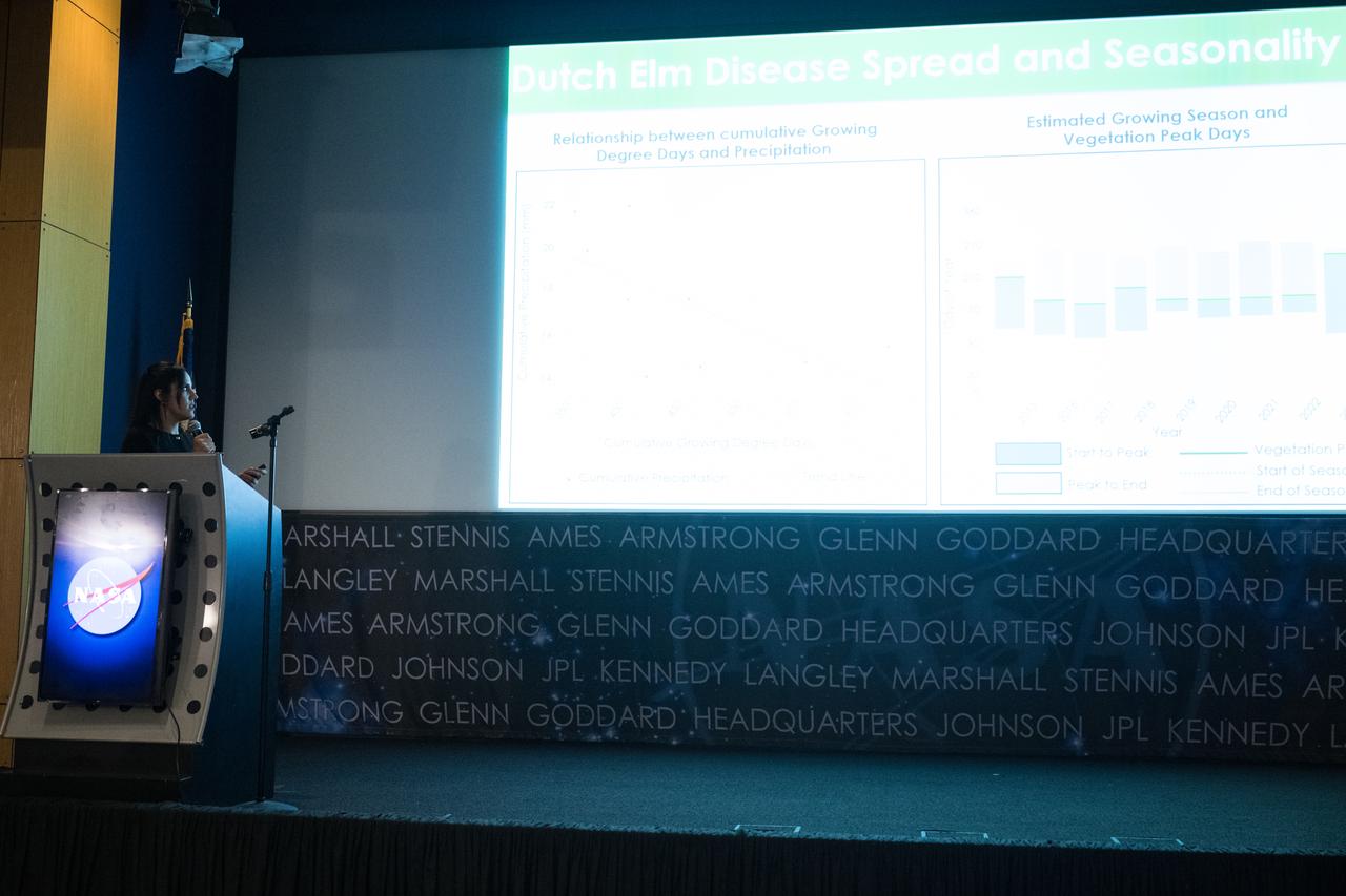 Ikram Morso speaks about her project, Central Park Ecological Conservation, Tuesday, August 6, 2024, at the Mary W. Jackson NASA Headquarters building in Washington. Every summer early career researchers from NASA’s DEVELOP National Program come to NASA Headquarters and present their research projects. DEVELOP is a training and development program where early career researchers work on Earth science projects, mentored by science advisors from NASA and partner agencies, and provide research results to local communities. Photo Credit: (NASA/Aubrey Gemignani)