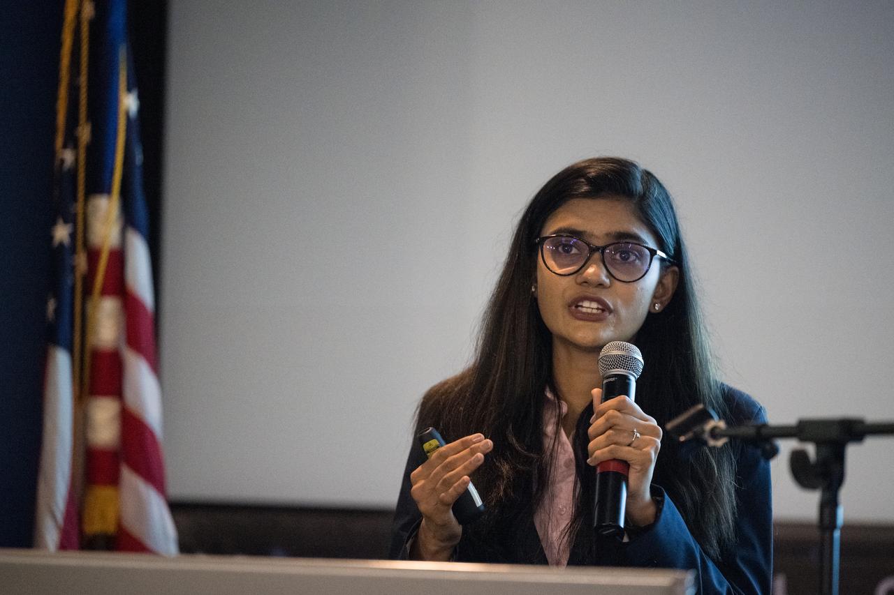 Nikita Bhole speaks about her DEVELOP Project, Cordoba Wildland Fires, Tuesday, August 6, 2024, at the Mary W. Jackson NASA Headquarters building in Washington. Every summer early career researchers from NASA’s DEVELOP National Program come to NASA Headquarters and present their research projects. DEVELOP is a training and development program where early career researchers work on Earth science projects, mentored by science advisors from NASA and partner agencies, and provide research results to local communities. Photo Credit: (NASA/Aubrey Gemignani)