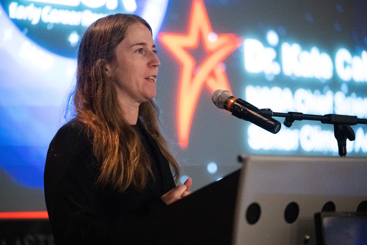 Kate Calvin, NASA’s Chief Scientist, speaks to the Climate Change Research Initiative (CCRI) cohort, Wednesday, Aug. 7, 2024, at the Mary W. Jackson NASA Headquarters building in Washington, DC. The Earth Science Division’s Early Career Research Program’s Climate Change Research Initiative (CCRI) is a year-long STEM engagement and experiential learning opportunity for educators and students from high school to graduate level. Photo Credit: (NASA/Joel Kowsky)