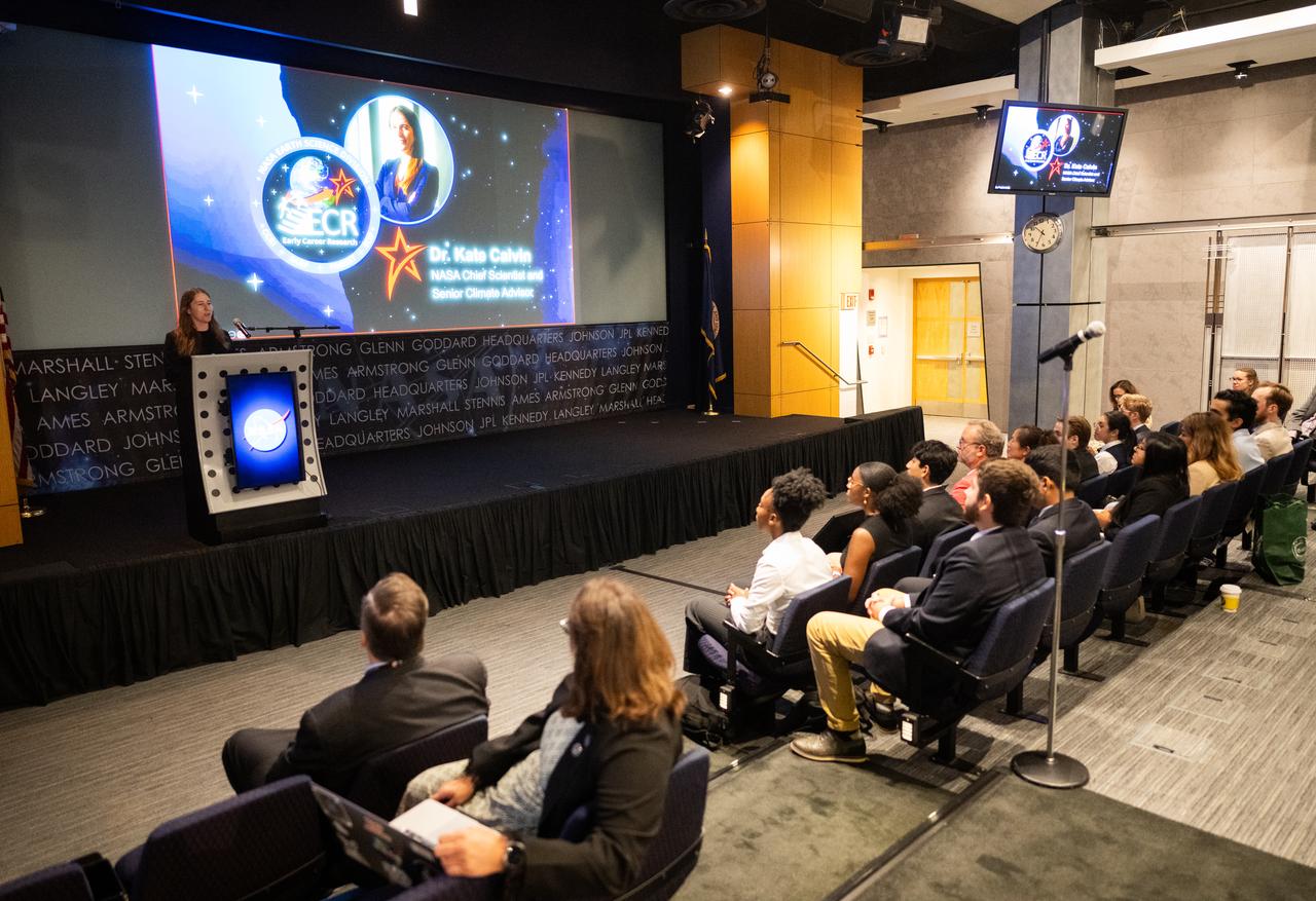 Kate Calvin, NASA’s Chief Scientist, speaks to the Climate Change Research Initiative (CCRI) cohort, Wednesday, Aug. 7, 2024, at the Mary W. Jackson NASA Headquarters building in Washington, DC. The Earth Science Division’s Early Career Research Program’s Climate Change Research Initiative (CCRI) is a year-long STEM engagement and experiential learning opportunity for educators and students from high school to graduate level. Photo Credit: (NASA/Joel Kowsky)