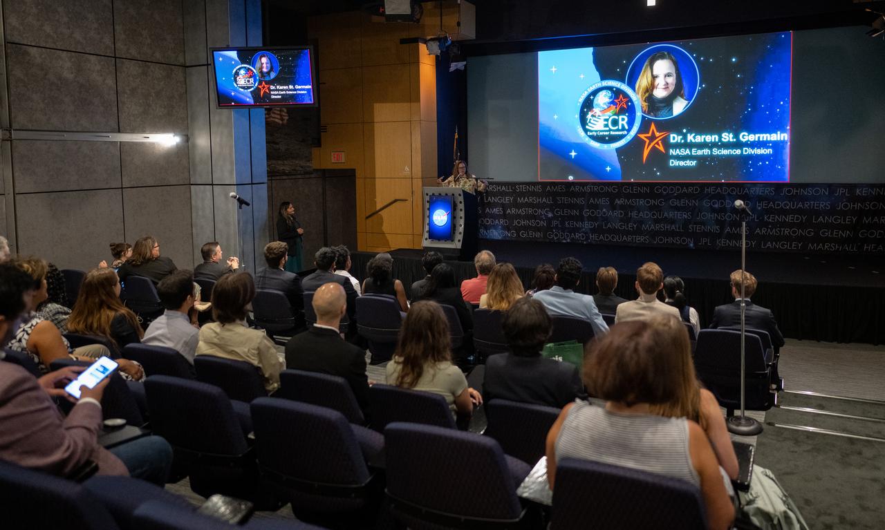 Karen St. Germain, director of the Earth Science Division of NASA’s Science Mission Directorate, speaks with the Climate Change Research Initiative (CCRI) cohort, Wednesday, Aug. 7, 2024, at the Mary W. Jackson NASA Headquarters building in Washington, DC. The Earth Science Division’s Early Career Research Program’s Climate Change Research Initiative (CCRI) is a year-long STEM engagement and experiential learning opportunity for educators and students from high school to graduate level.  Photo Credit: (NASA/Joel Kowsky)