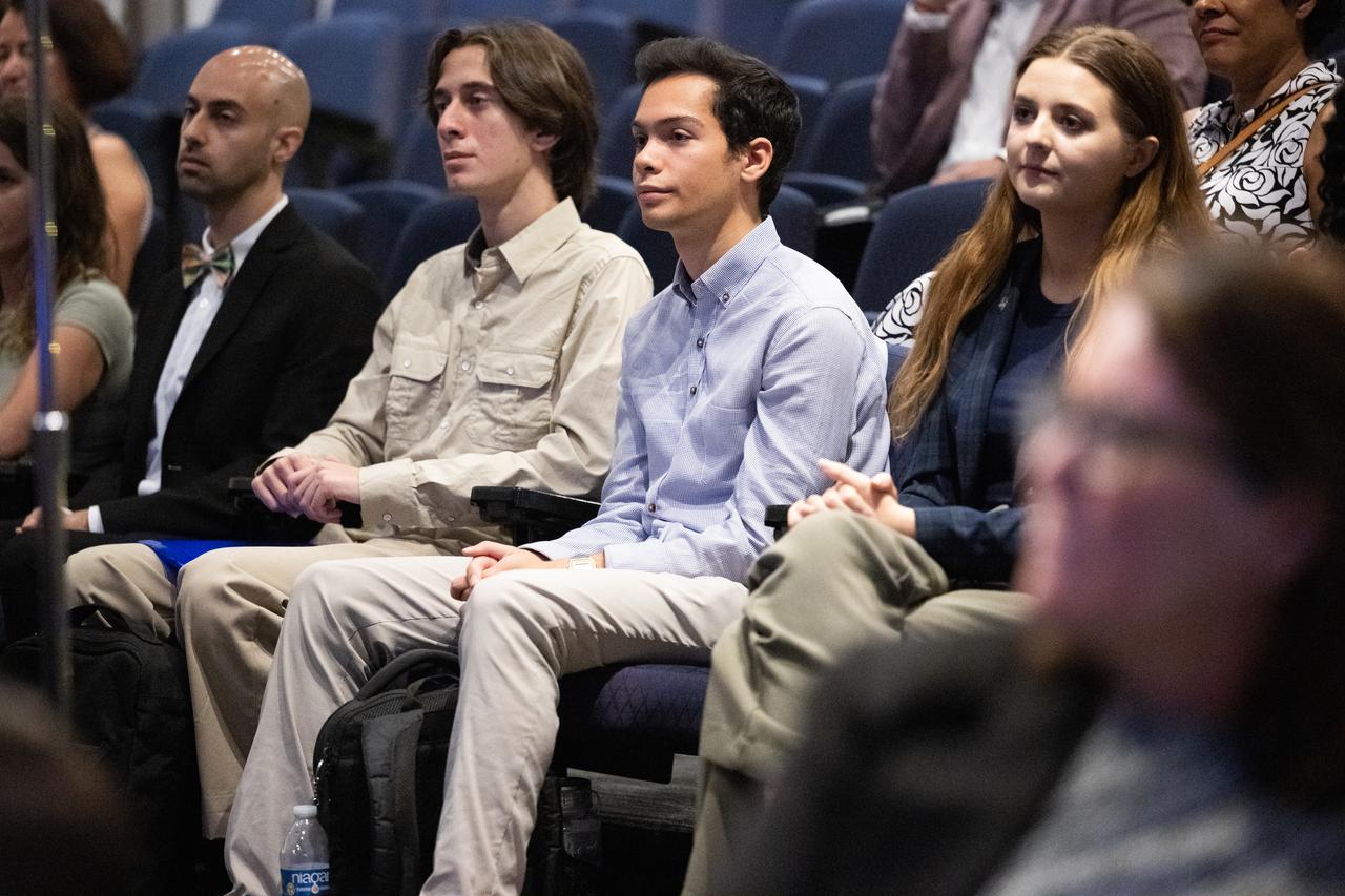 Members of the Climate Change Research Initiative (CCRI) cohort listen as Karen St. Germain, director of the Earth Science Division of NASA’s Science Mission Directorate speaks, Wednesday, Aug. 7, 2024, at the Mary W. Jackson NASA Headquarters building in Washington, DC. The Earth Science Division’s Early Career Research Program’s Climate Change Research Initiative (CCRI) is a year-long STEM engagement and experiential learning opportunity for educators and students from high school to graduate level. Photo Credit: (NASA/Joel Kowsky)