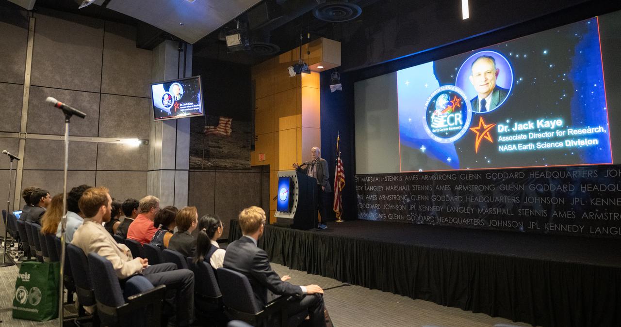 Jack Kaye, associate director for research in the Earth Science Division of NASA’s Science Mission Directorate, speaks with the Climate Change Research Initiative (CCRI) cohort, Wednesday, Aug. 7, 2024, at the Mary W. Jackson NASA Headquarters building in Washington, DC. The Earth Science Division’s Early Career Research Program’s Climate Change Research Initiative (CCRI) is a year-long STEM engagement and experiential learning opportunity for educators and students from high school to graduate level. Photo Credit: (NASA/Joel Kowsky)