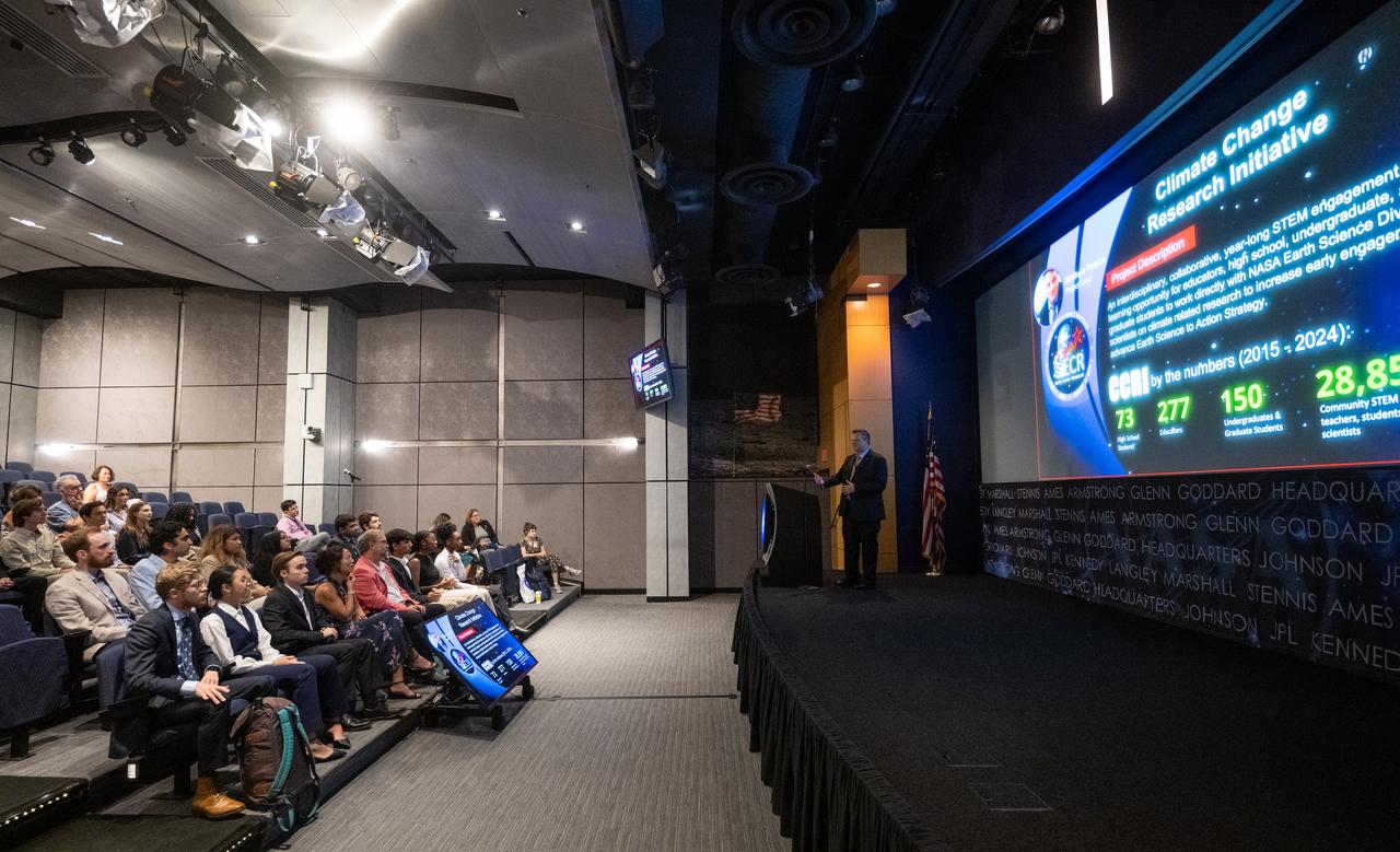 Matthew Pearce, education officer at NASA’s Goddard Institute for Space Studies and project lead for the Climate Change Research Initiative (CCRI), speaks with the CCRI cohort, Wednesday, Aug. 7, 2024, at the Mary W. Jackson NASA Headquarters building in Washington, DC. The Earth Science Division’s Early Career Research Program’s Climate Change Research Initiative (CCRI) is a year-long STEM engagement and experiential learning opportunity for educators and students from high school to graduate level. Photo Credit: (NASA/Joel Kowsky)