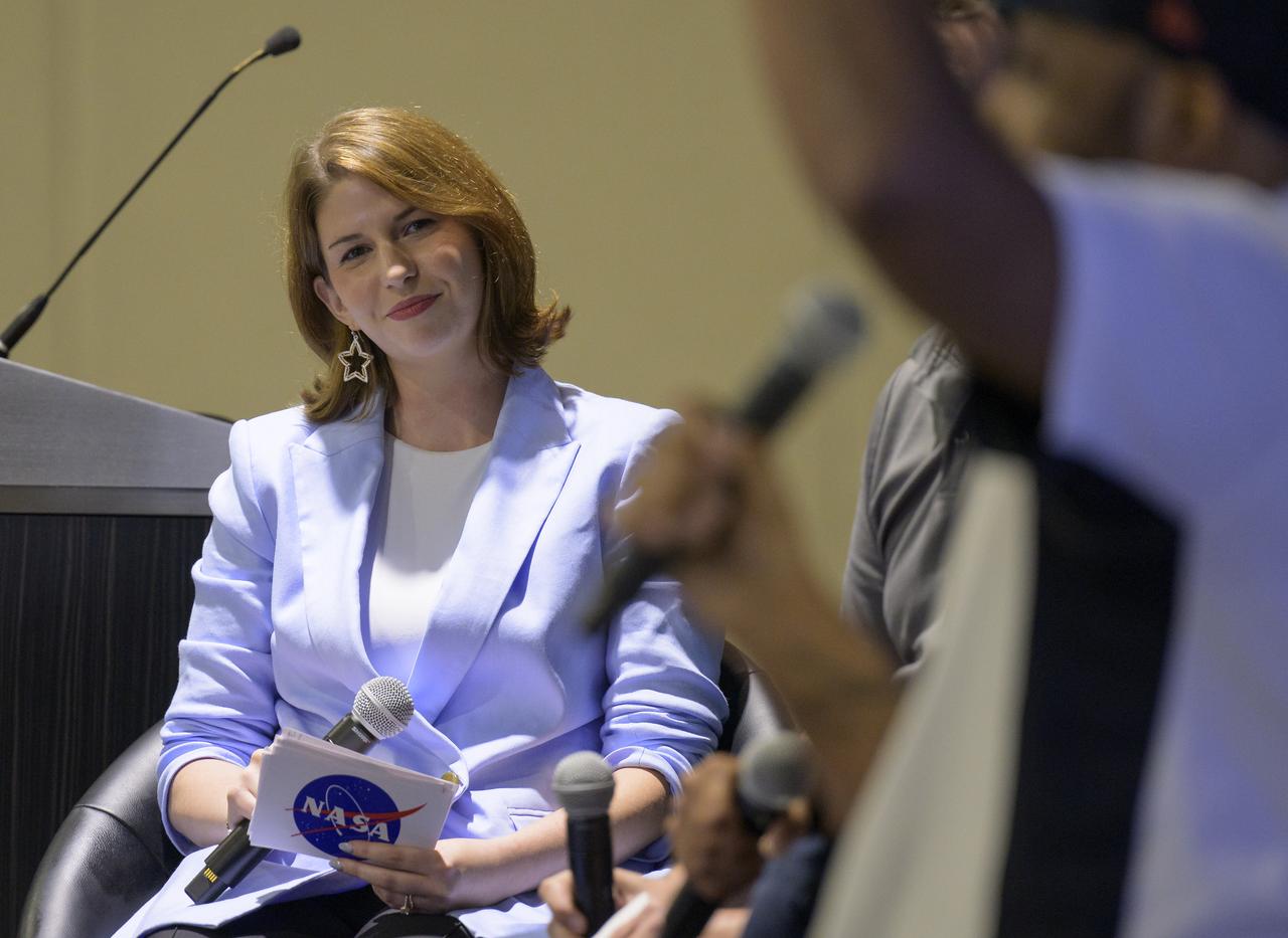 NASA Audio Lead Katie Konans is seen during a Podcast Movement, NASA hosted a panel entitled, "Eclipses, Moon Missions, and Climate Change: How NASA Reaches Curious Listeners", Tuesday, Aug. 20, 2024, at the Gaylord National Resort and Convention Center in National Harbor, Md. Photo Credit: (NASA/Bill Ingalls)