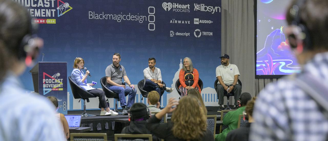 NASA Audio Lead Katie Konans, left, NASA Multimedia Producer and Host of Houston, We Have a Podcast Dane Turner, NASA Writer and Host of the Small Steps, Giant Leaps podcast Andrés Almeida, NASA Astrophysicist and Host of NASA's Curious Universe podcast Padi Boyd, and NASA Audio Engineer Manny Cooper, right, are seen during a Podcast Movement, NASA hosted a panel entitled, "Eclipses, Moon Missions, and Climate Change: How NASA Reaches Curious Listeners", Tuesday, Aug. 20, 2024, at the Gaylord National Resort and Convention Center in National Harbor, Md. Photo Credit: (NASA/Bill Ingalls)