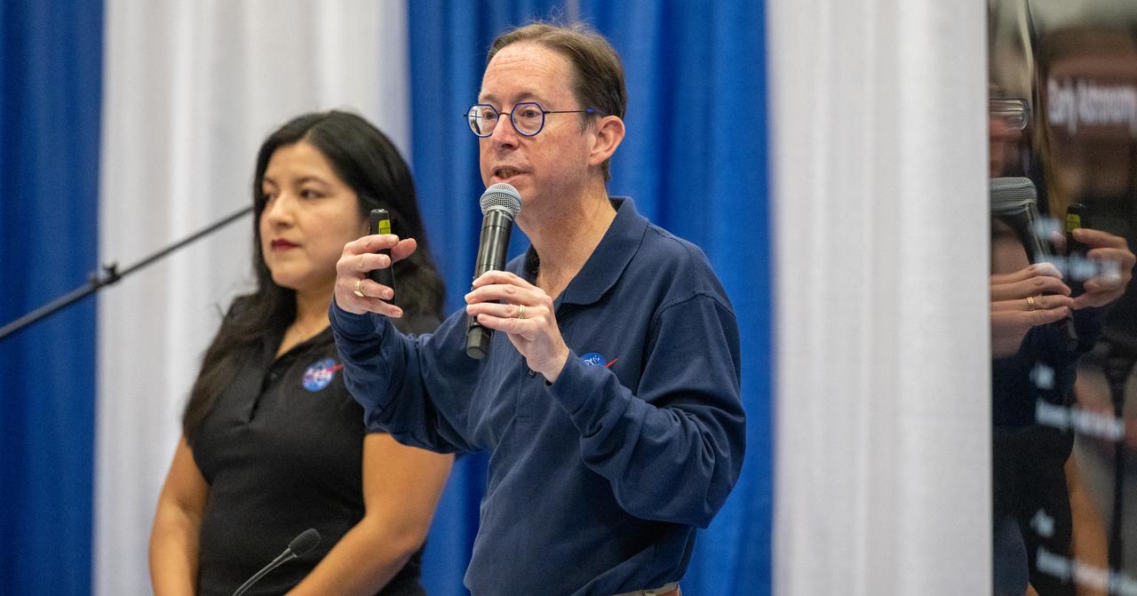 NASA Science Mission Directorate Astrophysicist Dominic Bedford, right, delivers remarks during the Library of Congress National Book Festival Saturday, Aug. 24, 2024, at the Walter E. Washington Convention Center in Washington. Photo Credit: (NASA/Keegan Barber)