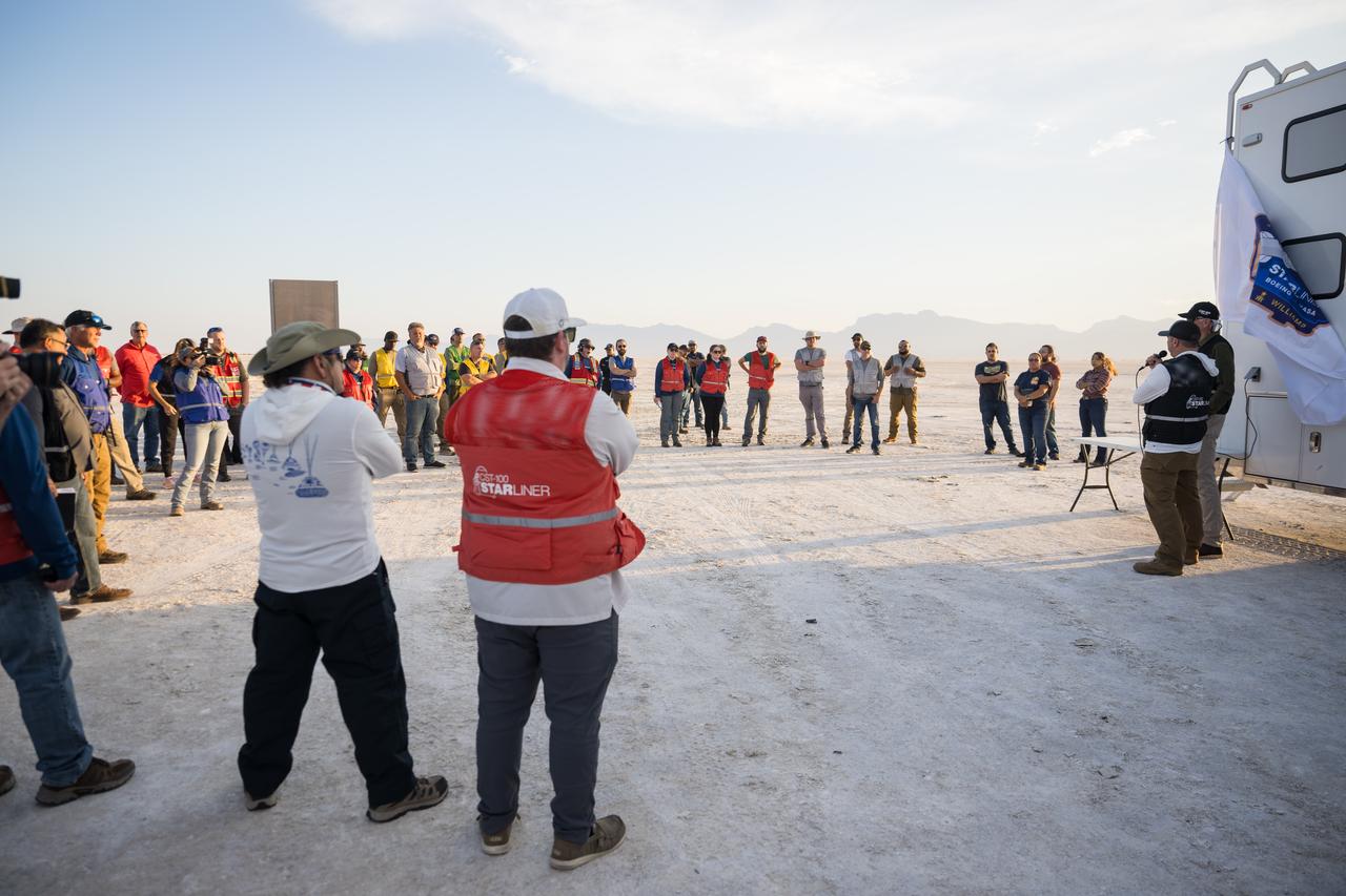 Boeing and NASA teams participate in a mission dress rehearsal to prepare for the landing of NASA’s Boeing Crew Flight Test Starliner spacecraft, Thursday, Sept. 5, 2024, at White Sands, New Mexico. The uncrewed spacecraft is scheduled to land at White Sands Missile Range’s Space Harbor, Friday, Sept. 6, 2024 Mountain Time. This approach allows NASA and Boeing to continue gathering testing data. Photo Credit: (NASA/Aubrey Gemignani)