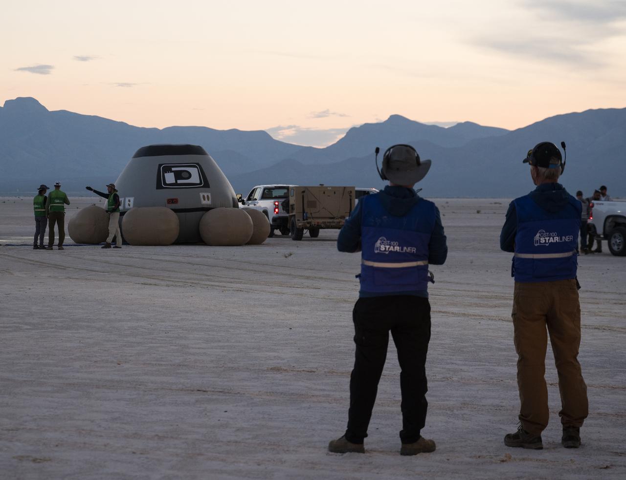 Boeing and NASA teams participate in a mission dress rehearsal to prepare for the landing of NASA’s Boeing Crew Flight Test Starliner spacecraft, Thursday, Sept. 5, 2024, at White Sands, New Mexico. The uncrewed spacecraft is scheduled to land at White Sands Missile Range’s Space Harbor, Friday, Sept. 6, 2024 Mountain Time. This approach allows NASA and Boeing to continue gathering testing data. Photo Credit: (NASA/Aubrey Gemignani)