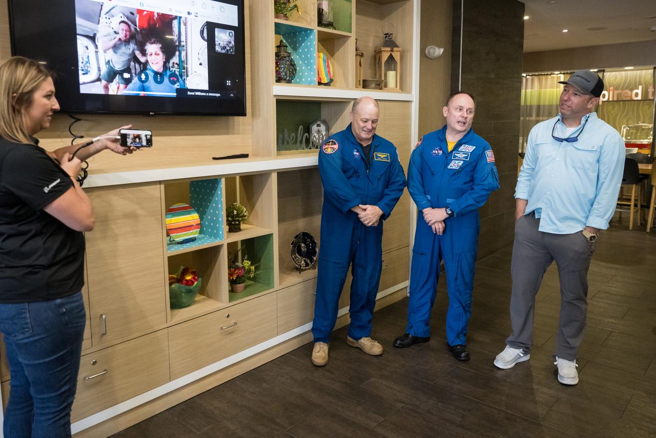 NASA Astronauts Butch Wilmore, left, and Suni Williams, speak with Boeing and NASA landing teams by phone from the International Space Station, before the landing of NASA’s Boeing Crew Flight Test Starliner spacecraft, Friday, Sept. 6, 2024, in Las Cruces, New Mexico. The uncrewed spacecraft is scheduled to land at White Sands Missile Range’s Space Harbor later today, Mountain Time (Sept. 7 Eastern Time). This approach allows NASA and Boeing to continue gathering testing data. Photo Credit: (NASA/Aubrey Gemignani)