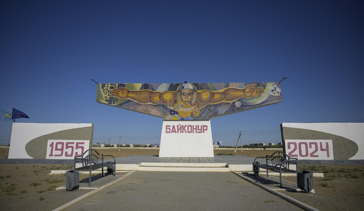 A mosaic sign welcomes visitors outside the town of Baikonur, Kazakhstan, Saturday, Sept. 7, 2024. NASA team members arrived in Baikonur in advance of the September 11 launch of Expedition 72 crew members: NASA astronaut Don Pettit, Roscosmos cosmonauts Alexey Ovchinin, and Ivan Vagner. Photo Credit: (NASA/Bill Ingalls)