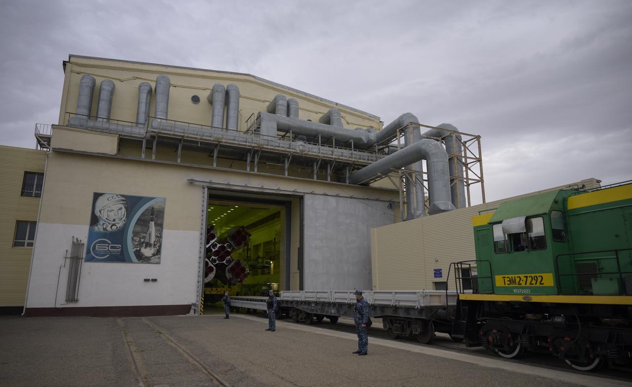 The Soyuz rocket is rolled out by train to the launch pad at Site 31, Sunday, Sept. 8, 2024, at the Baikonur Cosmodrome in Kazakhstan. Expedition 72 crew members: NASA astronaut Don Pettit, Roscosmos cosmonauts Alexey Ovchinin, and Ivan Vagner, are scheduled to launch aboard their Soyuz MS-26 spacecraft on September 11. Photo Credit: (NASA/Bill Ingalls)