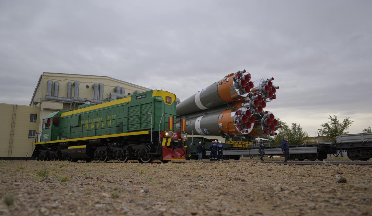 The Soyuz rocket is rolled out by train to the launch pad at Site 31, Sunday, Sept. 8, 2024, at the Baikonur Cosmodrome in Kazakhstan. Expedition 72 crew members: NASA astronaut Don Pettit, Roscosmos cosmonauts Alexey Ovchinin, and Ivan Vagner, are scheduled to launch aboard their Soyuz MS-26 spacecraft on September 11. Photo Credit: (NASA/Bill Ingalls)