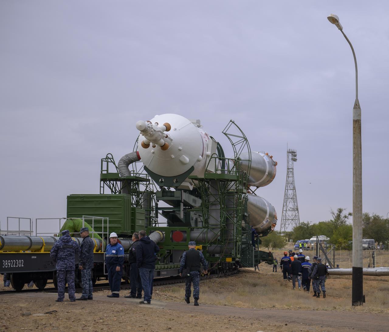 The Soyuz rocket is rolled out by train to the launch pad at Site 31, Sunday, Sept. 8, 2024, at the Baikonur Cosmodrome in Kazakhstan. Expedition 72 crew members: NASA astronaut Don Pettit, Roscosmos cosmonauts Alexey Ovchinin, and Ivan Vagner, are scheduled to launch aboard their Soyuz MS-26 spacecraft on September 11. Photo Credit: (NASA/Bill Ingalls)
