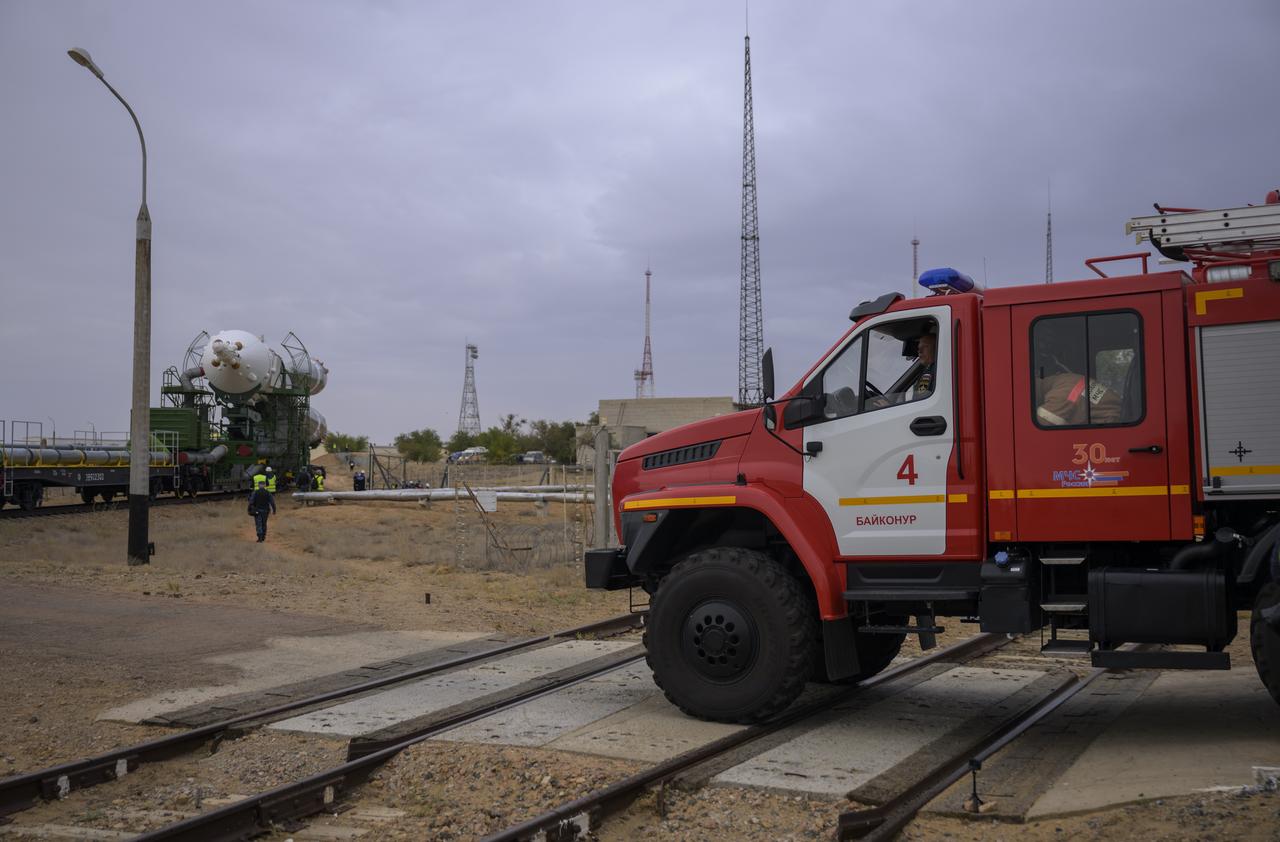 The Soyuz rocket is rolled out by train to the launch pad at Site 31, Sunday, Sept. 8, 2024, at the Baikonur Cosmodrome in Kazakhstan. Expedition 72 crew members: NASA astronaut Don Pettit, Roscosmos cosmonauts Alexey Ovchinin, and Ivan Vagner, are scheduled to launch aboard their Soyuz MS-26 spacecraft on September 11. Photo Credit: (NASA/Bill Ingalls)