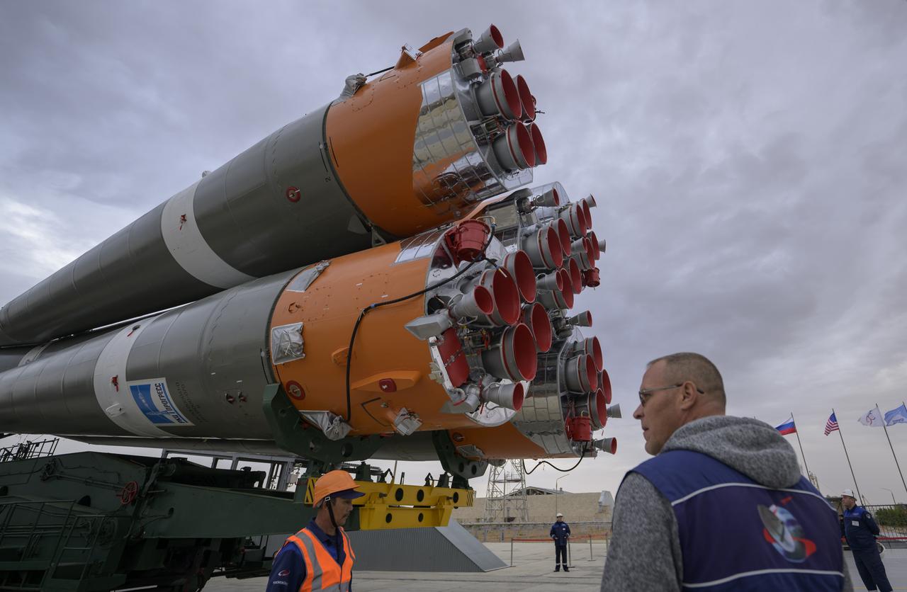 The Soyuz rocket is rolled out by train to the launch pad at Site 31, Sunday, Sept. 8, 2024, at the Baikonur Cosmodrome in Kazakhstan. Expedition 72 crew members: NASA astronaut Don Pettit, Roscosmos cosmonauts Alexey Ovchinin, and Ivan Vagner, are scheduled to launch aboard their Soyuz MS-26 spacecraft on September 11. Photo Credit: (NASA/Bill Ingalls)