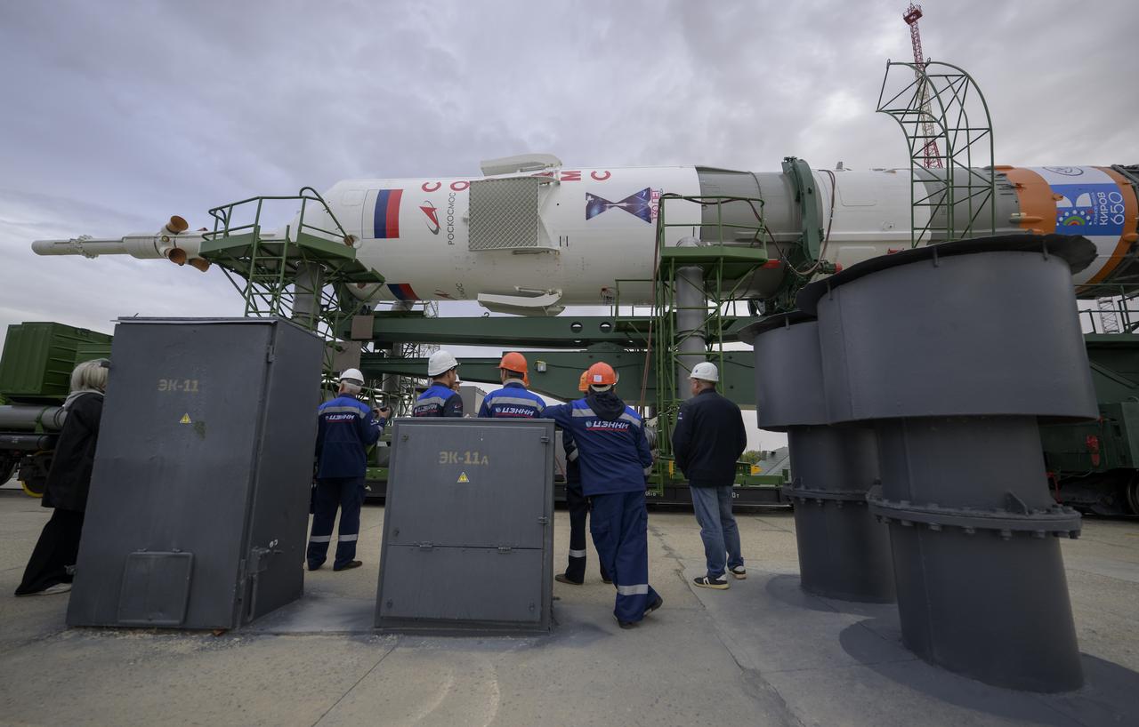 The Soyuz rocket is rolled out by train to the launch pad at Site 31, Sunday, Sept. 8, 2024, at the Baikonur Cosmodrome in Kazakhstan. Expedition 72 crew members: NASA astronaut Don Pettit, Roscosmos cosmonauts Alexey Ovchinin, and Ivan Vagner, are scheduled to launch aboard their Soyuz MS-26 spacecraft on September 11. Photo Credit: (NASA/Bill Ingalls)