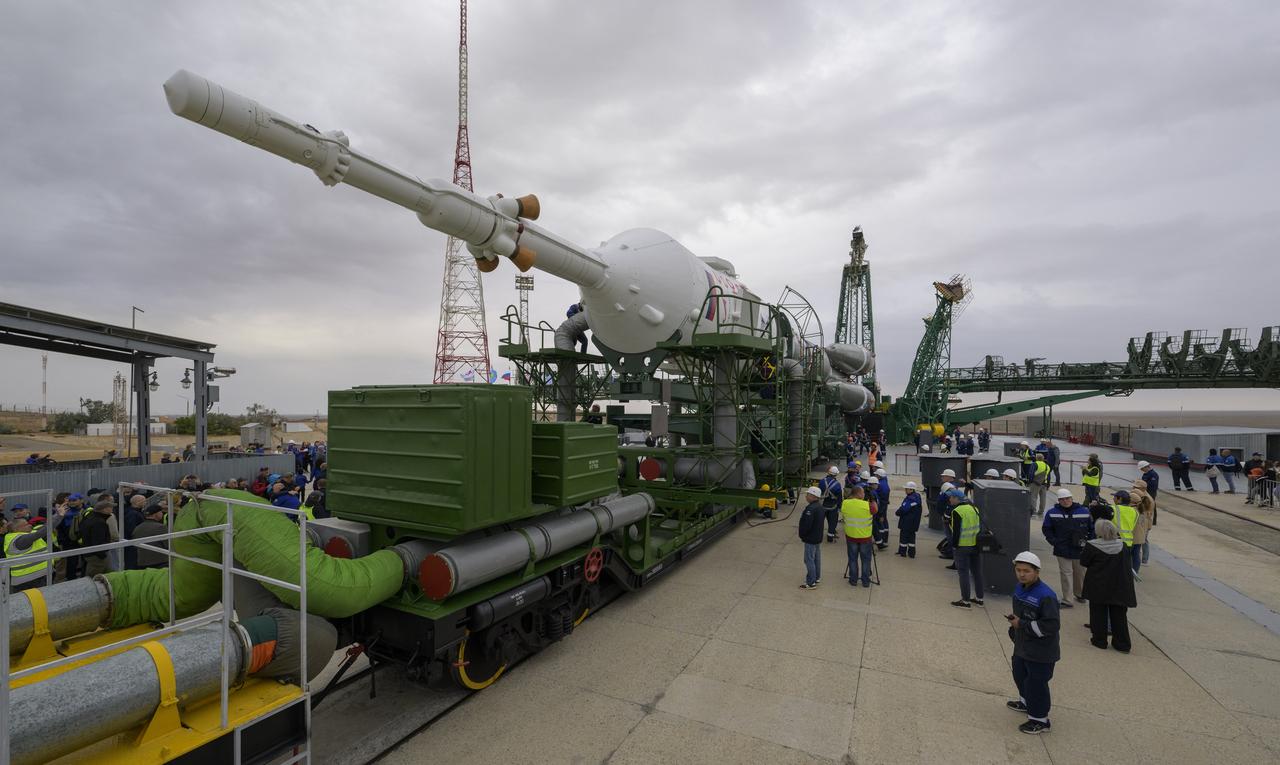 The Soyuz rocket is rolled out by train to the launch pad at Site 31, Sunday, Sept. 8, 2024, at the Baikonur Cosmodrome in Kazakhstan. Expedition 72 crew members: NASA astronaut Don Pettit, Roscosmos cosmonauts Alexey Ovchinin, and Ivan Vagner, are scheduled to launch aboard their Soyuz MS-26 spacecraft on September 11. Photo Credit: (NASA/Bill Ingalls)