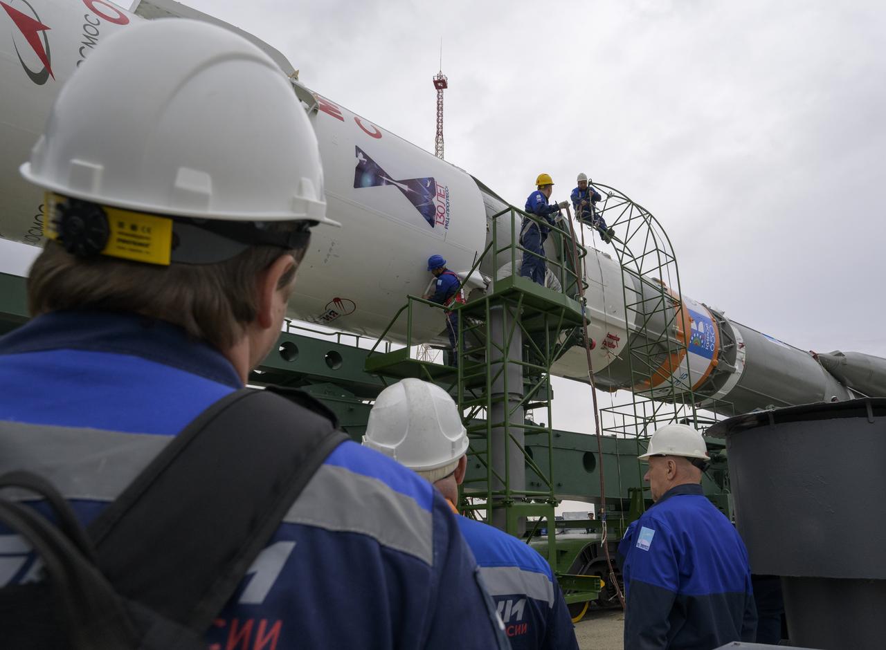 The Soyuz rocket is rolled out by train to the launch pad at Site 31, Sunday, Sept. 8, 2024, at the Baikonur Cosmodrome in Kazakhstan. Expedition 72 crew members: NASA astronaut Don Pettit, Roscosmos cosmonauts Alexey Ovchinin, and Ivan Vagner, are scheduled to launch aboard their Soyuz MS-26 spacecraft on September 11. Photo Credit: (NASA/Bill Ingalls)