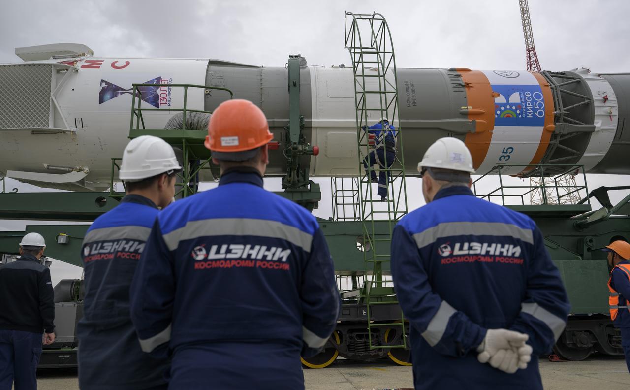 The Soyuz rocket is rolled out by train to the launch pad at Site 31, Sunday, Sept. 8, 2024, at the Baikonur Cosmodrome in Kazakhstan. Expedition 72 crew members: NASA astronaut Don Pettit, Roscosmos cosmonauts Alexey Ovchinin, and Ivan Vagner, are scheduled to launch aboard their Soyuz MS-26 spacecraft on September 11. Photo Credit: (NASA/Bill Ingalls)