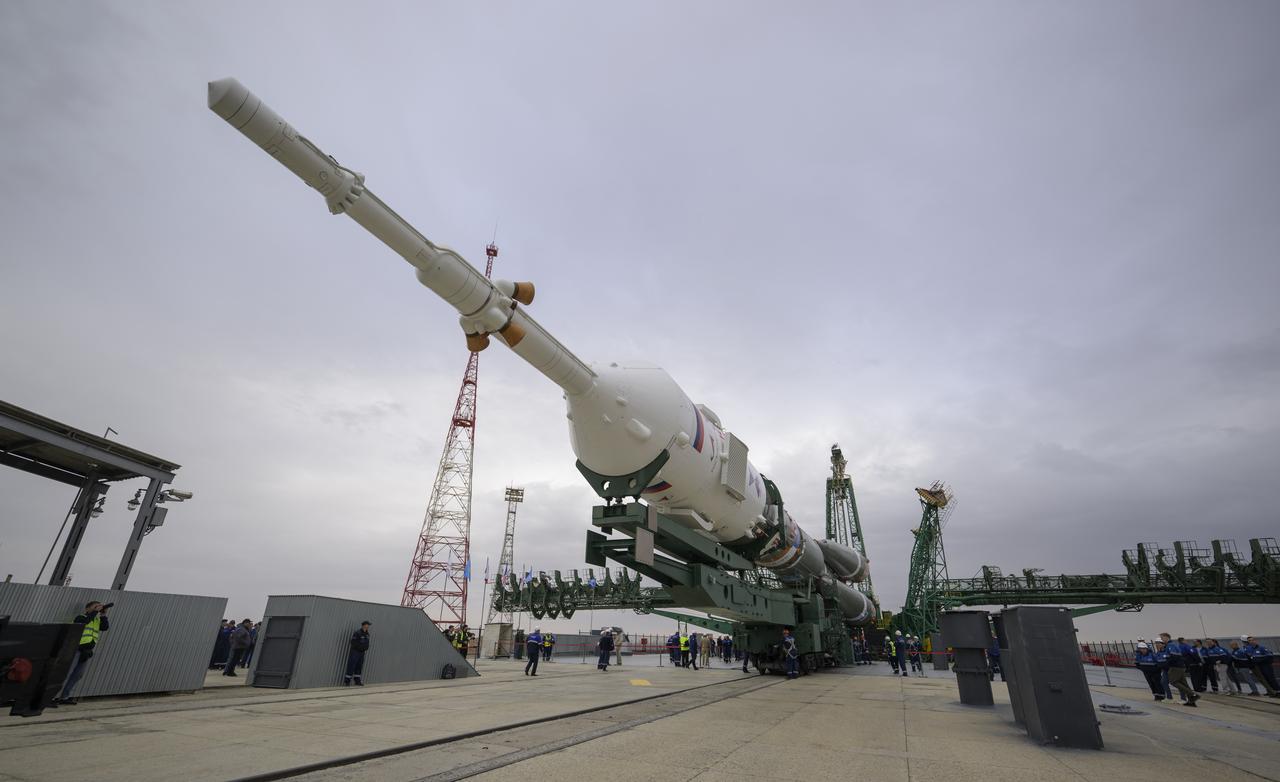 The Soyuz rocket is seen after being rolled out by train to the launch pad at Site 31, Sunday, Sept. 8, 2024, at the Baikonur Cosmodrome in Kazakhstan. Expedition 72 crew members: NASA astronaut Don Pettit, Roscosmos cosmonauts Alexey Ovchinin, and Ivan Vagner, are scheduled to launch aboard their Soyuz MS-26 spacecraft on September 11. Photo Credit: (NASA/Bill Ingalls)