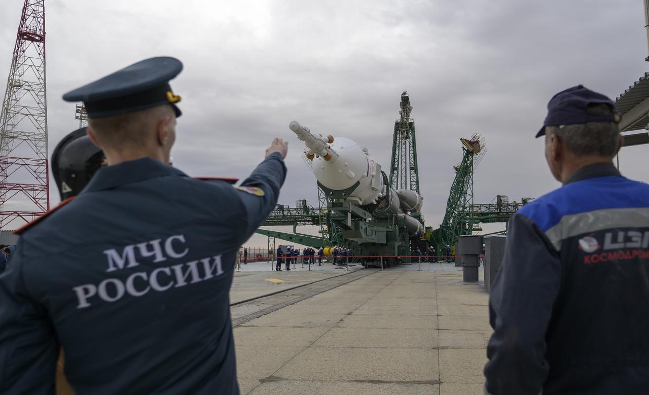 The Soyuz rocket is seen after being rolled out by train to the launch pad at Site 31, Sunday, Sept. 8, 2024, at the Baikonur Cosmodrome in Kazakhstan. Expedition 72 crew members: NASA astronaut Don Pettit, Roscosmos cosmonauts Alexey Ovchinin, and Ivan Vagner, are scheduled to launch aboard their Soyuz MS-26 spacecraft on September 11. Photo Credit: (NASA/Bill Ingalls)