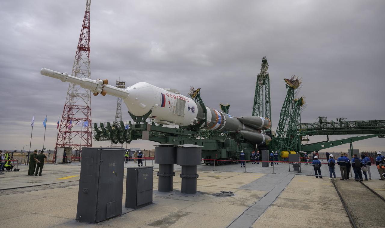 The Soyuz rocket is seen after being rolled out by train to the launch pad at Site 31, Sunday, Sept. 8, 2024, at the Baikonur Cosmodrome in Kazakhstan. Expedition 72 crew members: NASA astronaut Don Pettit, Roscosmos cosmonauts Alexey Ovchinin, and Ivan Vagner, are scheduled to launch aboard their Soyuz MS-26 spacecraft on September 11. Photo Credit: (NASA/Bill Ingalls)