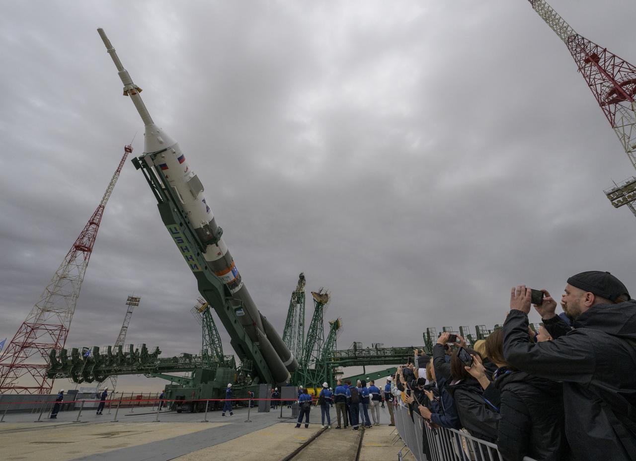 The Soyuz rocket is seen after being rolled out by train to the launch pad at Site 31, Sunday, Sept. 8, 2024, at the Baikonur Cosmodrome in Kazakhstan. Expedition 72 crew members: NASA astronaut Don Pettit, Roscosmos cosmonauts Alexey Ovchinin, and Ivan Vagner, are scheduled to launch aboard their Soyuz MS-26 spacecraft on September 11. Photo Credit: (NASA/Bill Ingalls)