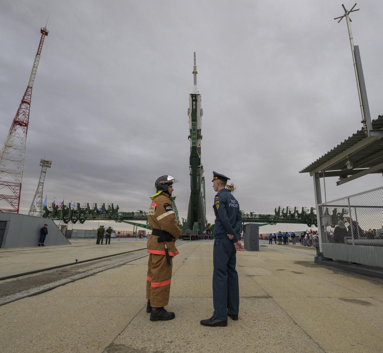 The Soyuz rocket is seen after being rolled out by train to the launch pad at Site 31, Sunday, Sept. 8, 2024, at the Baikonur Cosmodrome in Kazakhstan. Expedition 72 crew members: NASA astronaut Don Pettit, Roscosmos cosmonauts Alexey Ovchinin, and Ivan Vagner, are scheduled to launch aboard their Soyuz MS-26 spacecraft on September 11. Photo Credit: (NASA/Bill Ingalls)
