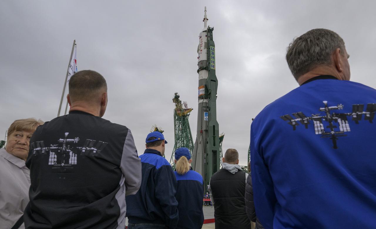 The Soyuz rocket is seen after being rolled out by train to the launch pad at Site 31, Sunday, Sept. 8, 2024, at the Baikonur Cosmodrome in Kazakhstan. Expedition 72 crew members: NASA astronaut Don Pettit, Roscosmos cosmonauts Alexey Ovchinin, and Ivan Vagner, are scheduled to launch aboard their Soyuz MS-26 spacecraft on September 11. Photo Credit: (NASA/Bill Ingalls)